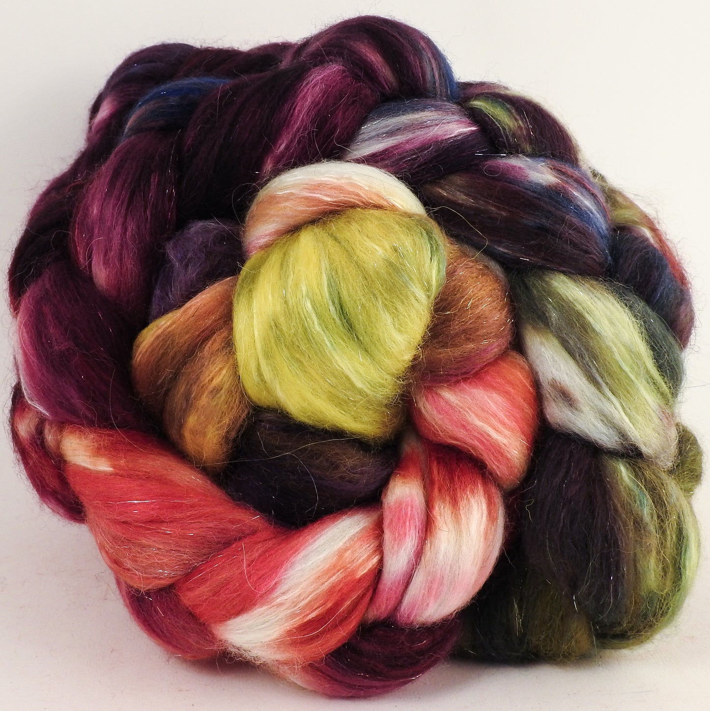 Batt in a Braid #41 - Coleus - Llama / Merino ( 18 mic.)/ Mulberry silk/ Stellina (40/30/25/5) - Inglenook Fibers