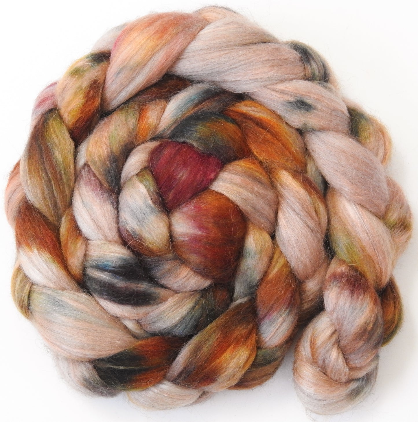 Biscotti - 5.6 oz - Batt in a Braid #1- Falkland/ Grey Baby Alpaca/ Tussah Silk/ Firestar (40/25/25/10)