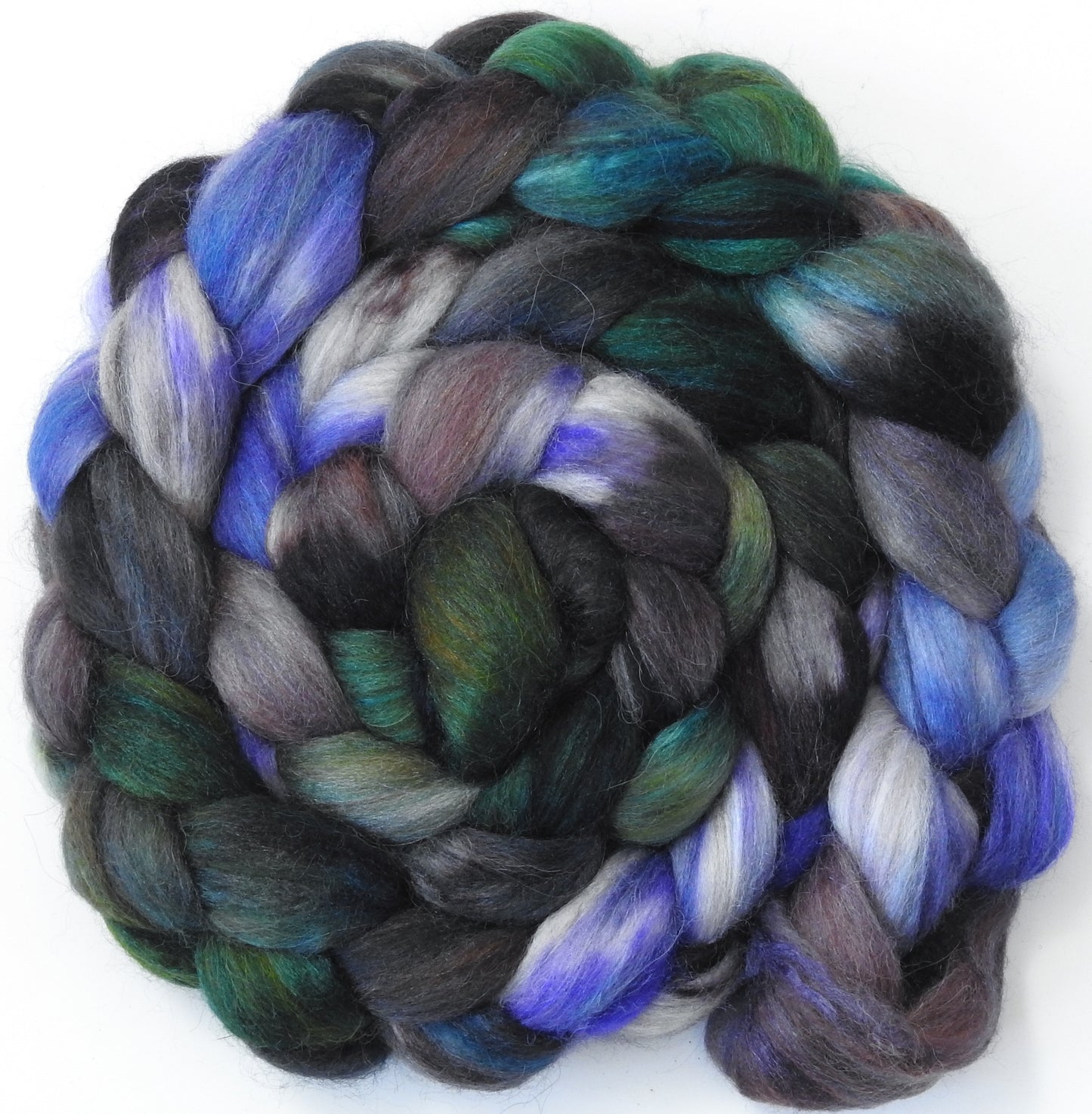 Bugleweed- 5.6 oz - Batt in a Braid #1- Falkland/ Grey Baby Alpaca/ Tussah Silk/ Firestar (40/25/25/10)