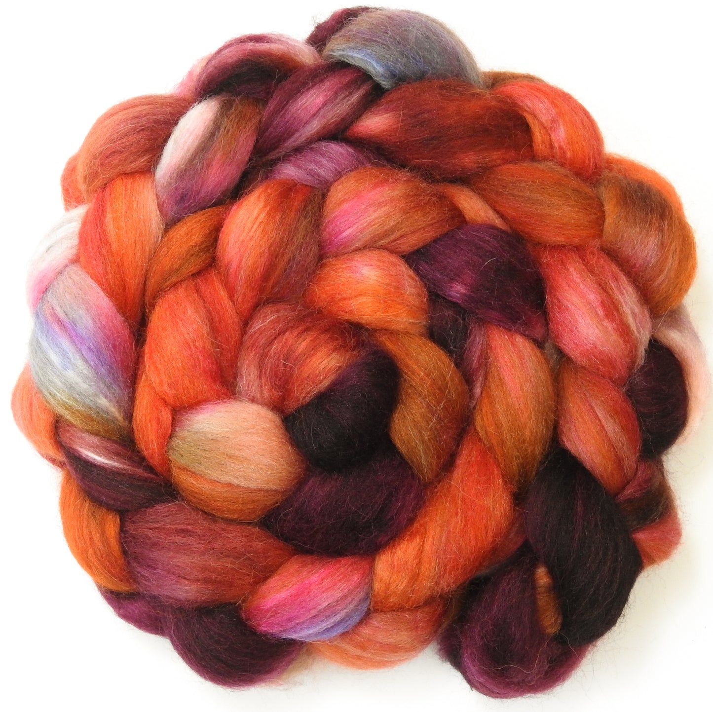 Picante - 5.6 oz - Batt in a Braid #1- Falkland/ Grey Baby Alpaca/ Tussah Silk/ Firestar (40/25/25/10)