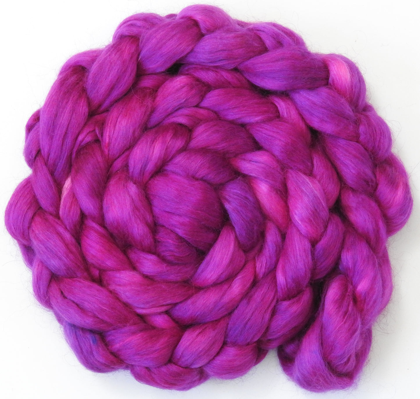 Dragonfruit (5.6 oz) - Batt in a Braid #52- Wensleydale/ Mulberry silk/ Polwarth (60/25/15)