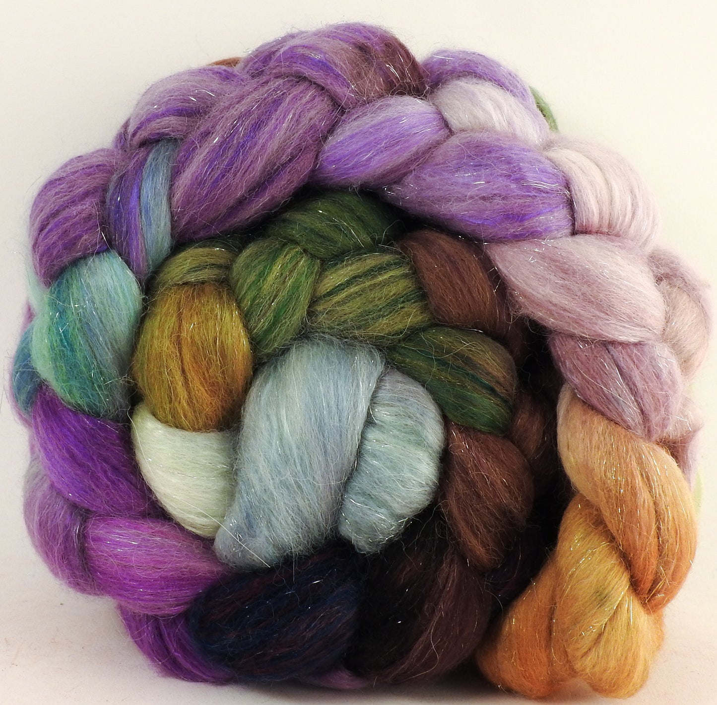Batt in a Braid #41 - Asters - (5.2 oz.) Llama / Merino ( 18 mic.)/ Mulberry silk/ Stellina (40/30/25/5) - Inglenook Fibers