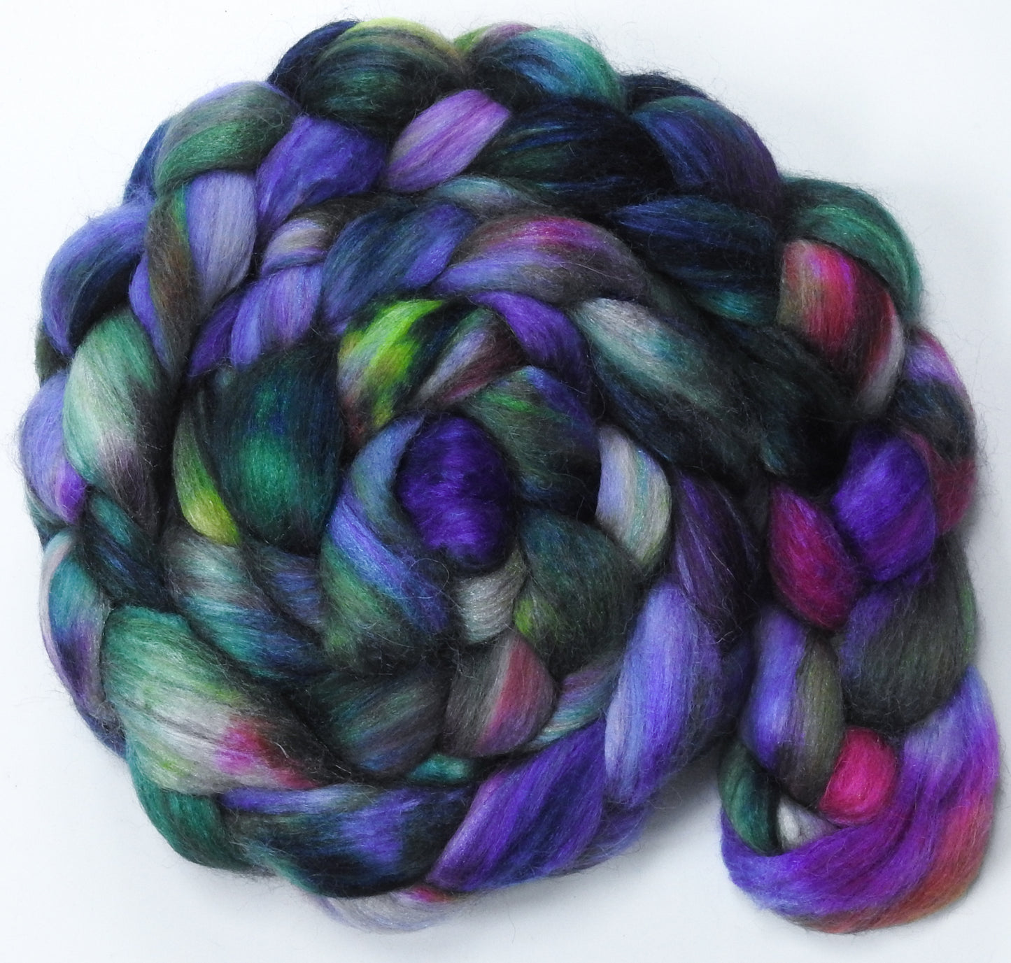 Nympheas - 5.7 oz - Batt in a Braid #1- Falkland/ Grey Baby Alpaca/ Tussah Silk/ Firestar (40/25/25/10)