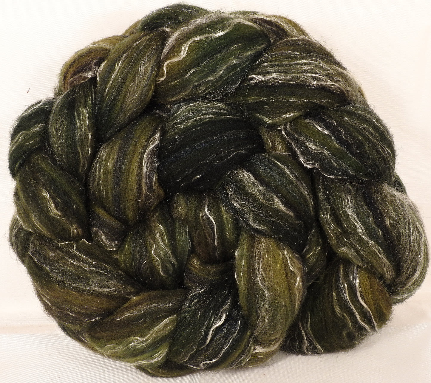 Batt in a Braid #2 - Zucchini -(4.9 oz.)Polwarth/ Manx / Black tussah silk/ tencel (40/20/20/20) - Inglenook Fibers