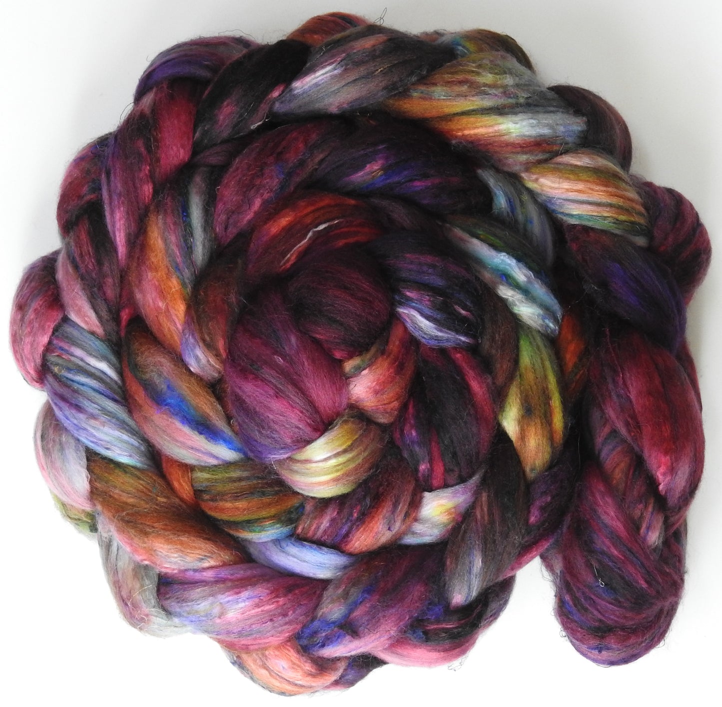 Heartbeat (5.3 oz) - Batt in a Braid #39ish - Falkland Merino/ Mulberry Silk / Sari Silk (60/25/15)