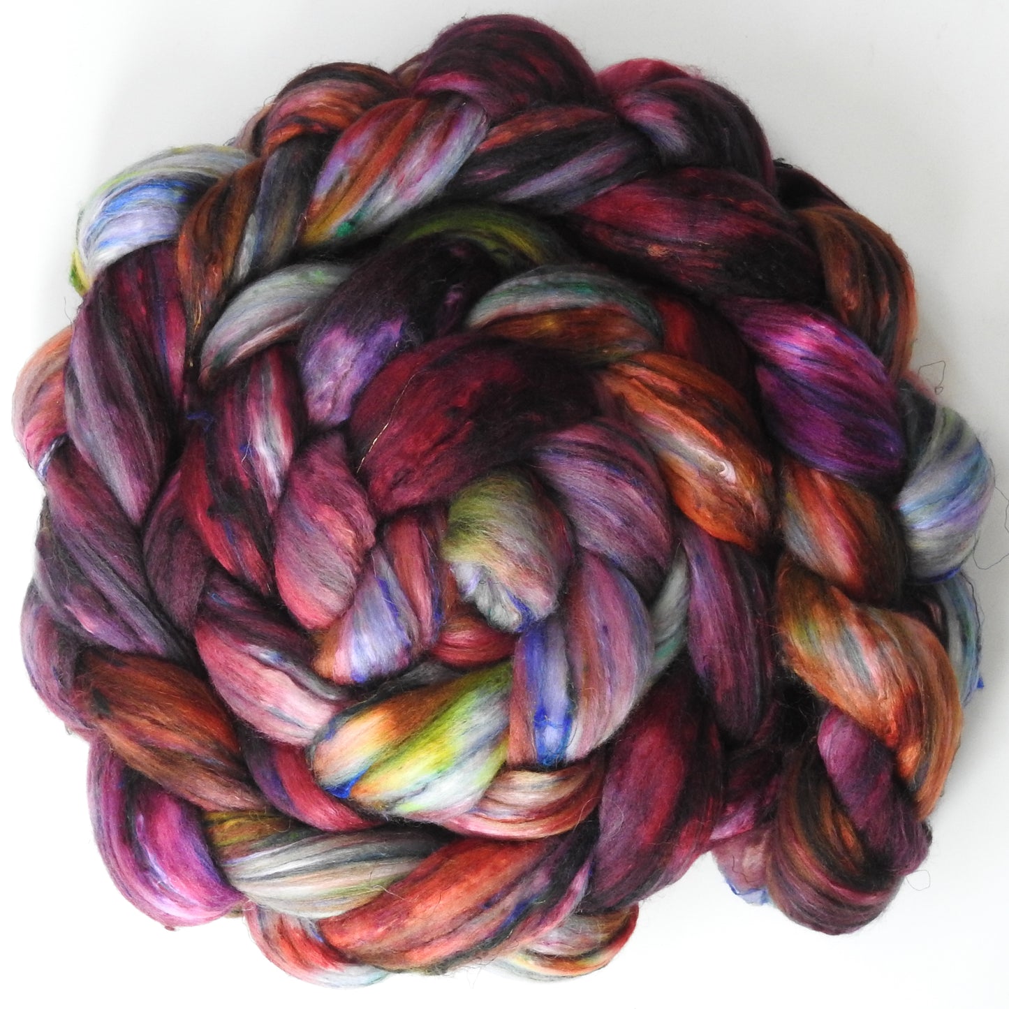 Heartbeat (5.3 oz) - Batt in a Braid #39ish - Falkland Merino/ Mulberry Silk / Sari Silk (60/25/15)