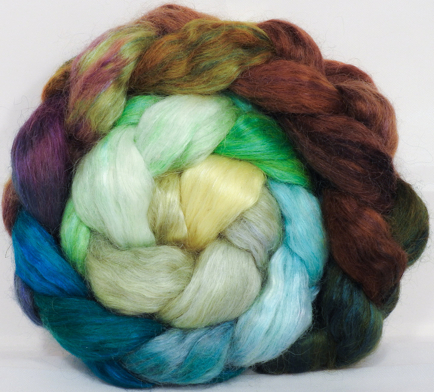 Hand-dyed wensleydale/ mulberry silk roving ( 65/35) -Dryad- ( 5.1 oz.) - Inglenook Fibers