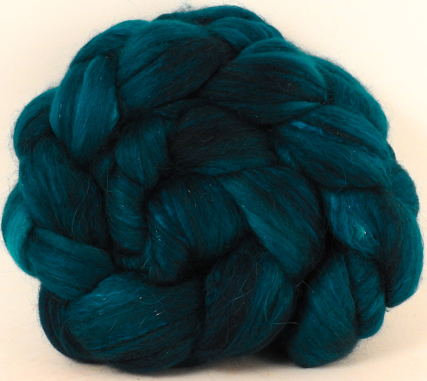 Batt in a Braid #41 - Baltic Teal - (4.6 oz.) Llama / Merino ( 18 mic.)/ Mulberry silk/ Stellina (40/30/25/5) - Inglenook Fibers