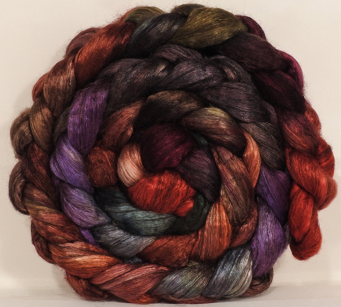 Hand dyed yak/ mulberry silk top -Gnomes - (4.1 oz.) yak /silk ( 50/50) - Inglenook Fibers