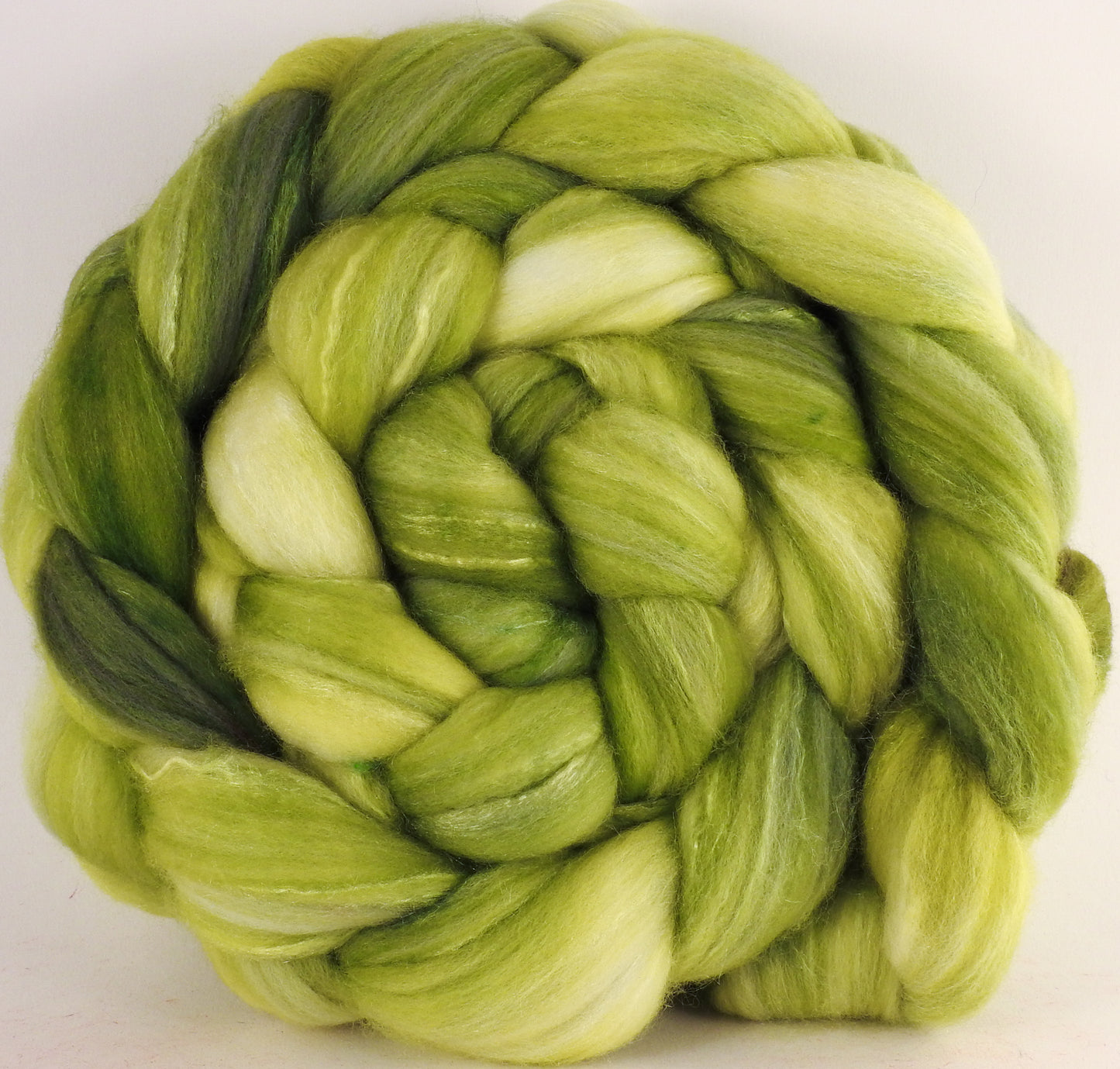 Batt in a Braid #35 - Greenleaf (5.2 oz.) - Sw Merino (18.5 mic) /Merino (18.5 mic) / Tussah Silk (40/40/20) - Inglenook Fibers