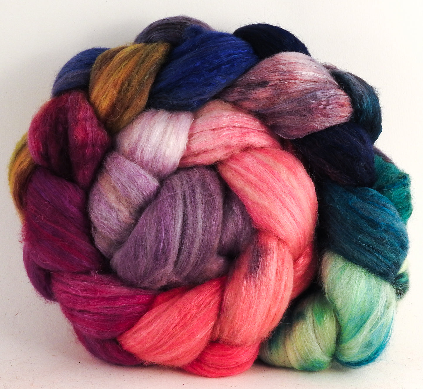 Batt in a Braid #5 - Color Me Happy -(5.1 oz.) Merino/ Camel/ silk/ faux cashmere/ firestar (25/25/25/12/12) - Inglenook Fibers