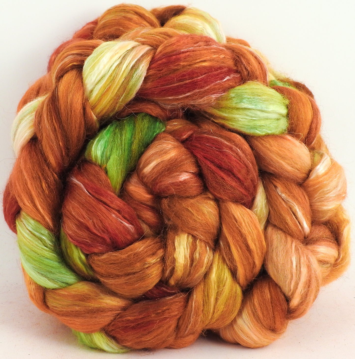 Flamethrower (5.9 oz) - Batt in a Braid #31 - Polwarth/ Mulberry Silk / Baby Alpaca / Rainbow Firestar/ Tencel( 40/25/15/10/10)