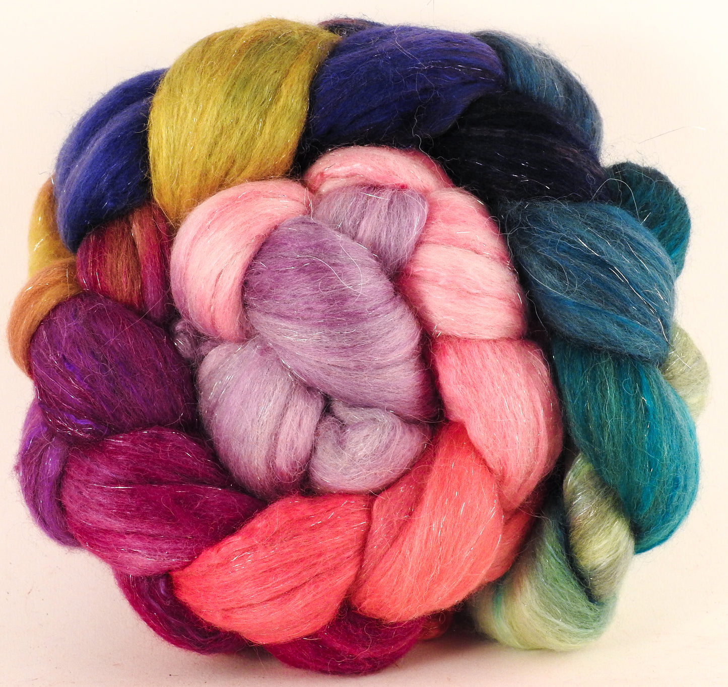 Batt in a Braid #41 - Color Me Happy - Llama / Merino ( 18 mic.)/ Mulberry silk/ Stellina (40/30/25/5) - Inglenook Fibers