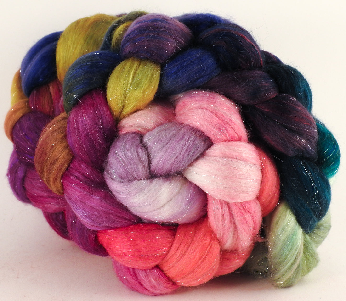 Batt in a Braid #41 - Color Me Happy - Llama / Merino ( 18 mic.)/ Mulberry silk/ Stellina (40/30/25/5) - Inglenook Fibers