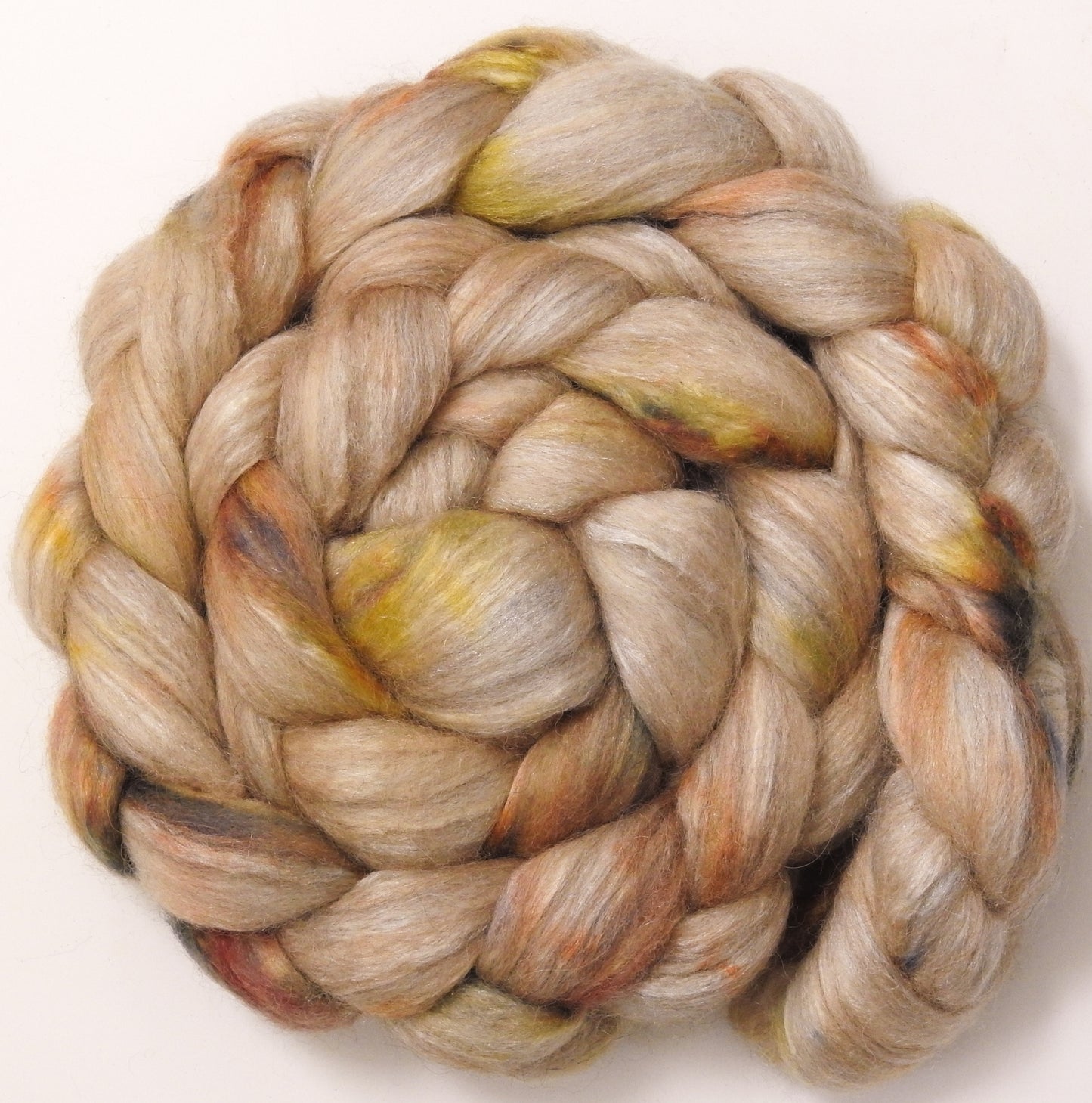 Meringue- 5.5 oz - Batt in a Braid #1- Falkland/ Grey Baby Alpaca/ Tussah Silk/ Firestar (40/25/25/10)