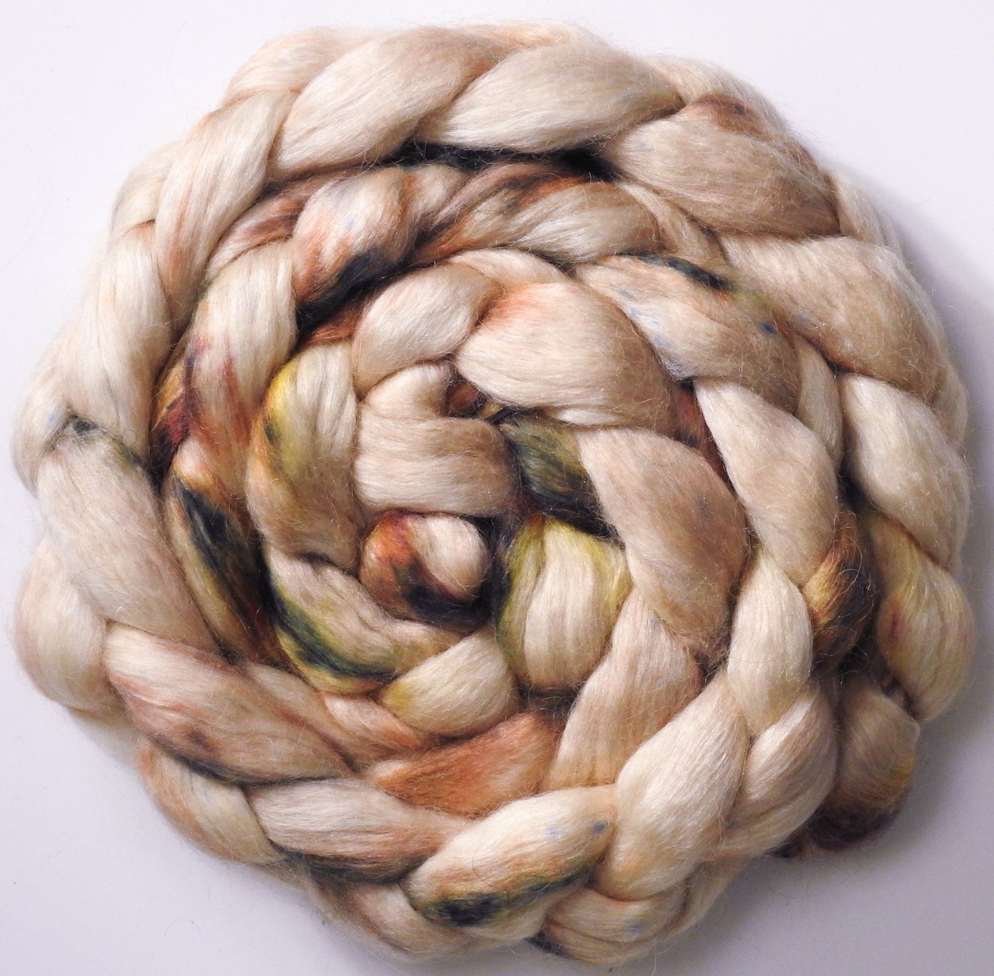 Meringue (5.6 oz) - Batt in a Braid #52- Wensleydale/ Mulberry silk/ Polwarth (60/25/15)