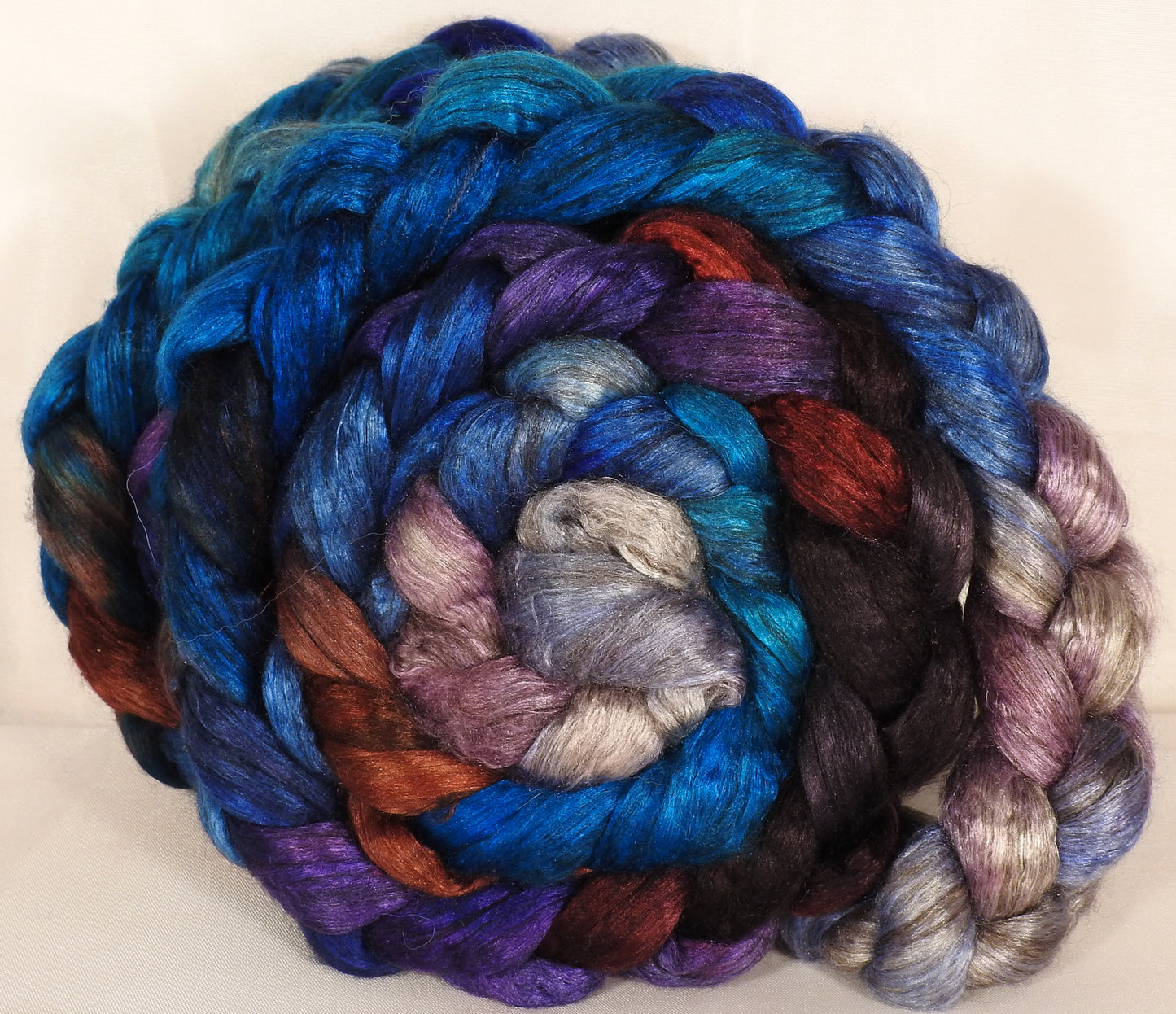 Hand dyed yak/ mulberry silk top -Stellar's Jay - (4.1 oz.) yak /silk ( 50/50) - Inglenook Fibers