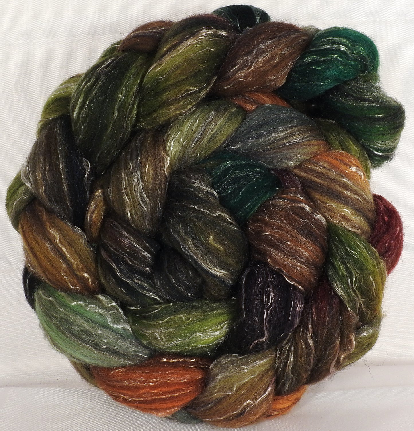 Batt in a Braid #2 - Mossy -(5.1 oz.)Polwarth/ Manx / Black tussah silk/ tencel (40/20/20/20) - Inglenook Fibers