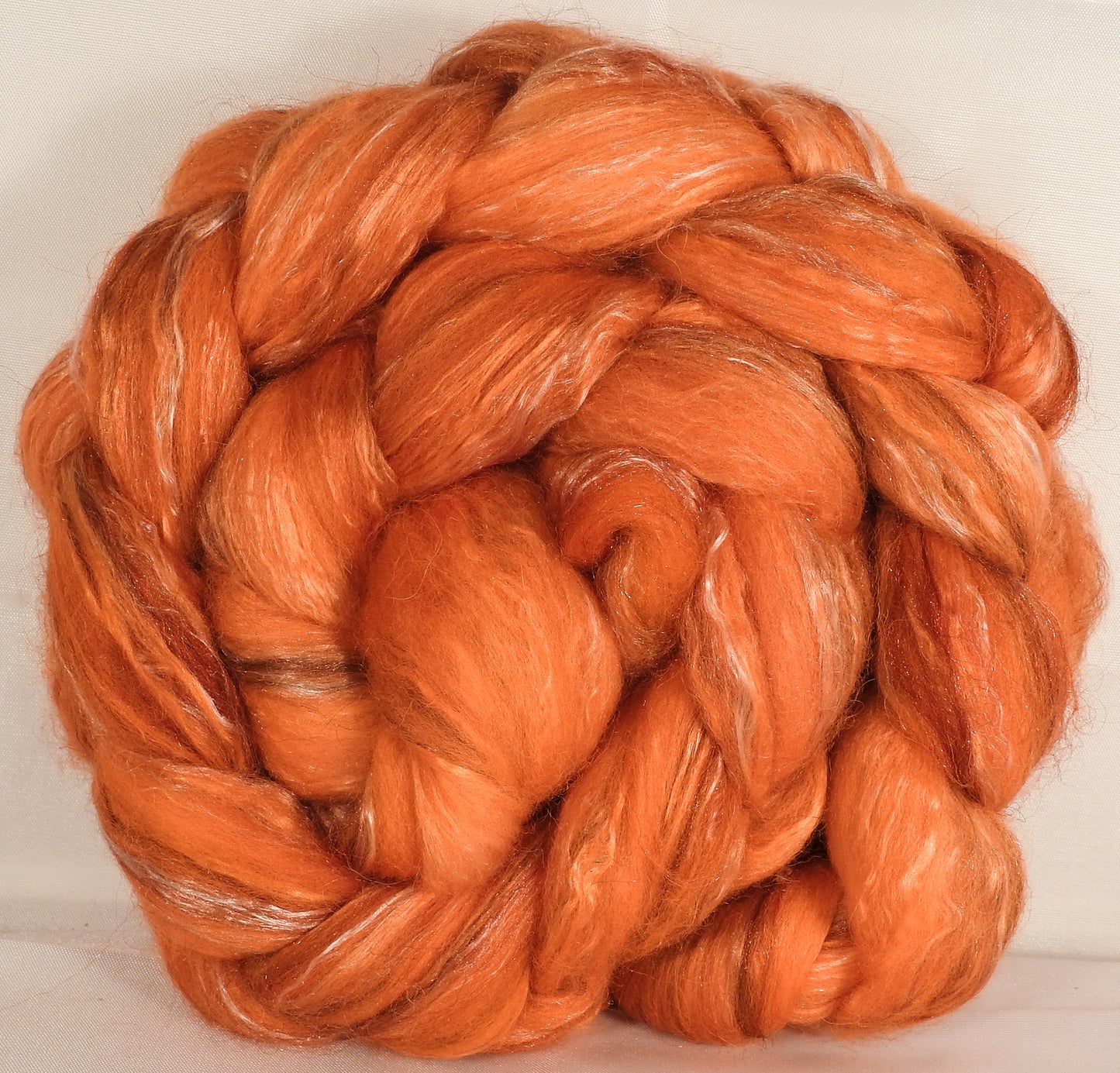 Batt in a Braid #31- Mandarin -( 5.3 oz. ) - Polwarth/ Mulberry Silk / Baby Alpaca / Rainbow Firestar/ Tencel( 40/25/15/10/10) - Inglenook Fibers