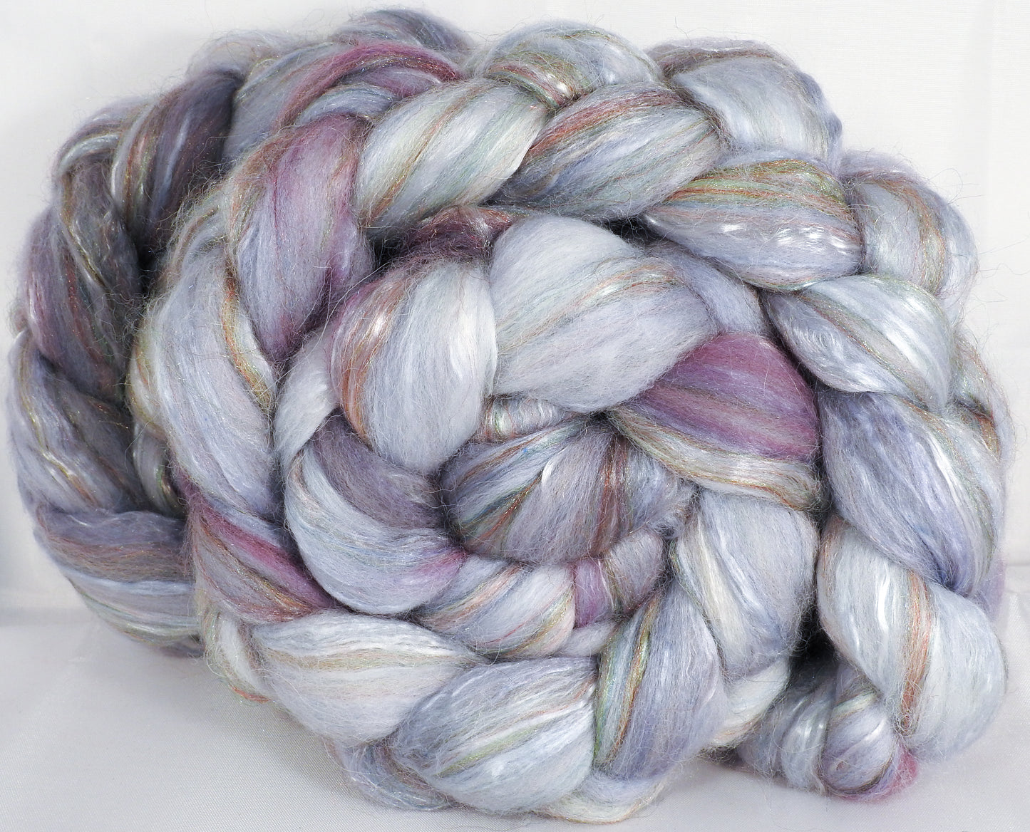 Batt in a Braid #31-Mithril- ( 5.3 oz) Polwarth/ Mulberry Silk / Baby Alpaca / Rainbow Firestar/ Tencel( 40/25/15/10/10) - Inglenook Fibers