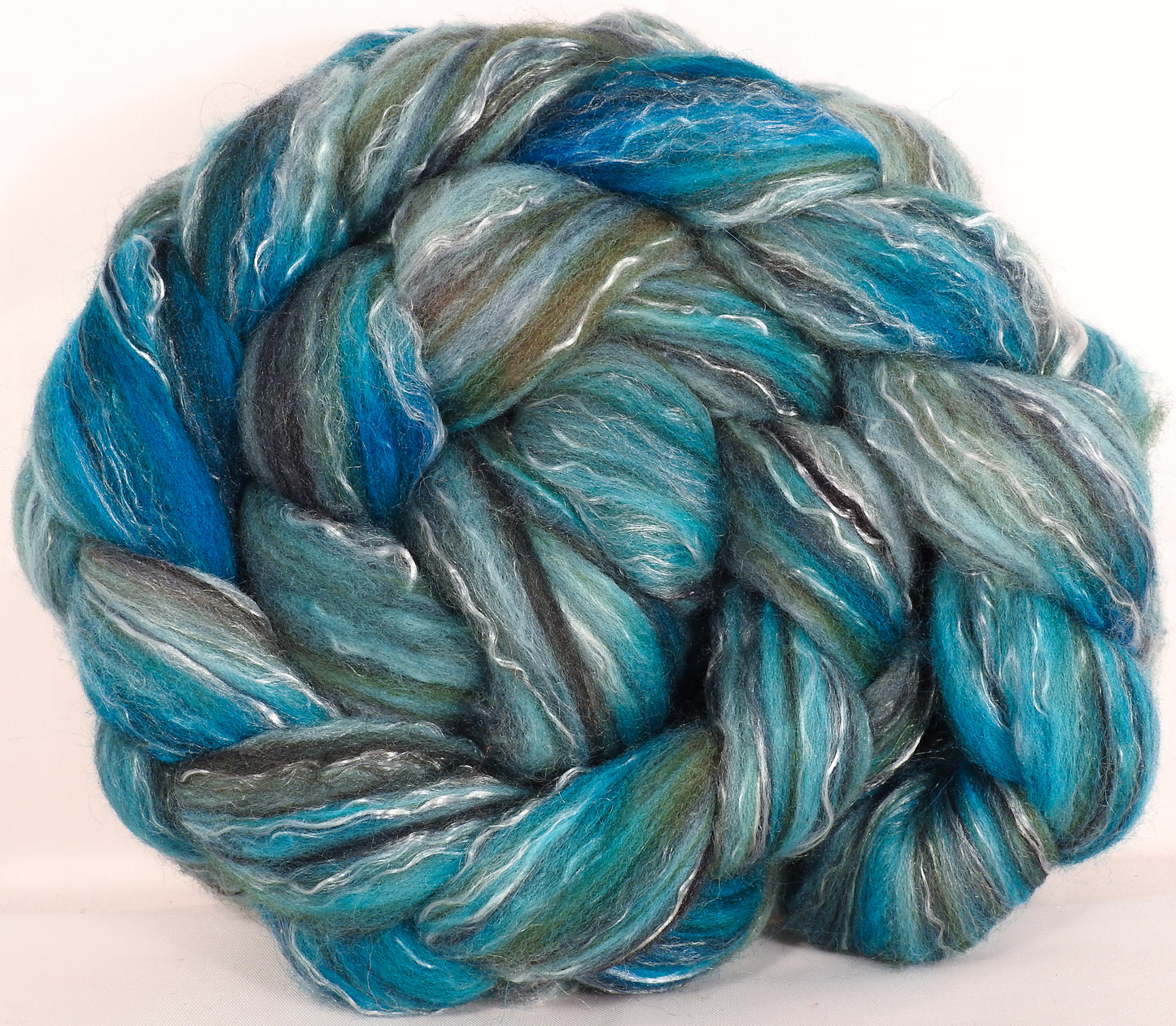 Batt in a Braid #2 -(5.1 oz.)Polwarth/ Manx / Black tussah silk/ tencel (40/20/20/20) - Inglenook Fibers