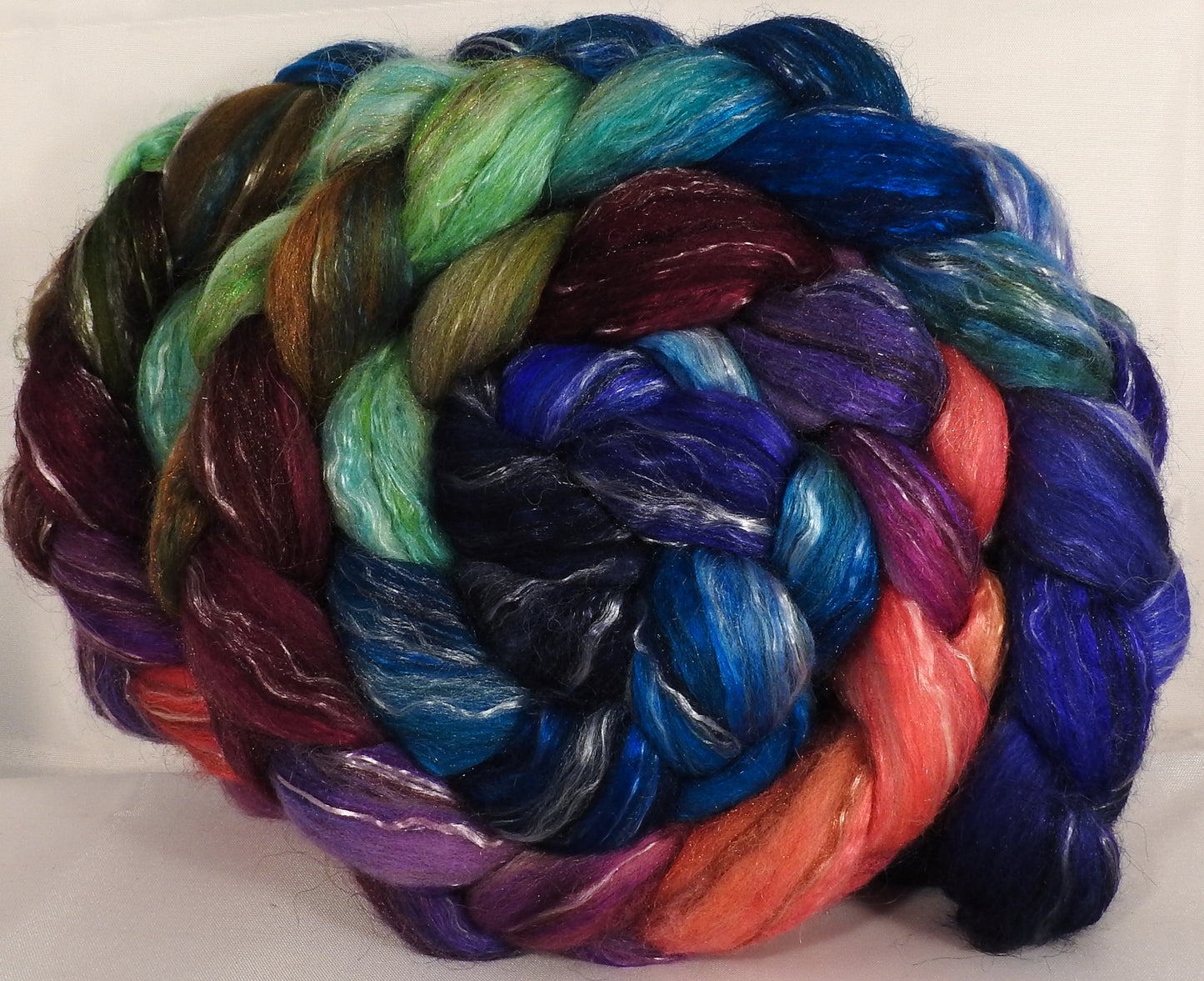 Batt in a Braid #31-Jazzberry- ( 5.4 oz) Polwarth/ Mulberry Silk / Baby Alpaca / Rainbow Firestar/ Tencel( 40/25/15/10/10) - Inglenook Fibers