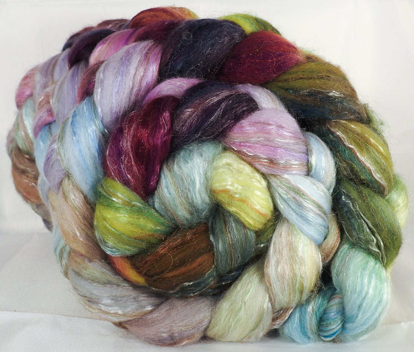 Batt in a Braid #31-Milkweed- ( 5.4 oz) Polwarth/ Mulberry Silk / Baby Alpaca / Rainbow Firestar/ Tencel( 40/25/15/10/10) - Inglenook Fibers
