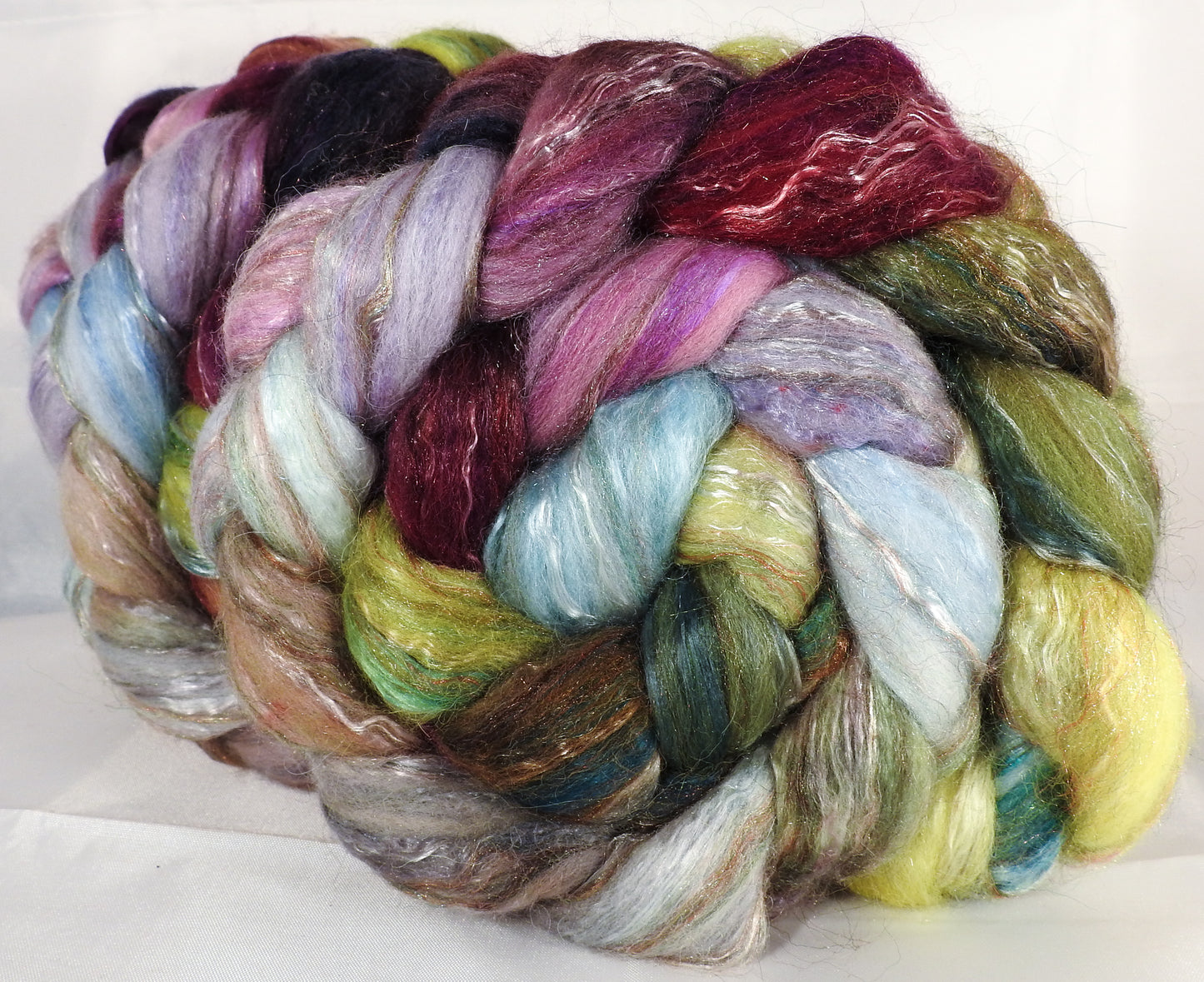Batt in a Braid #31-Milkweed- ( 5.4 oz) Polwarth/ Mulberry Silk / Baby Alpaca / Rainbow Firestar/ Tencel( 40/25/15/10/10) - Inglenook Fibers