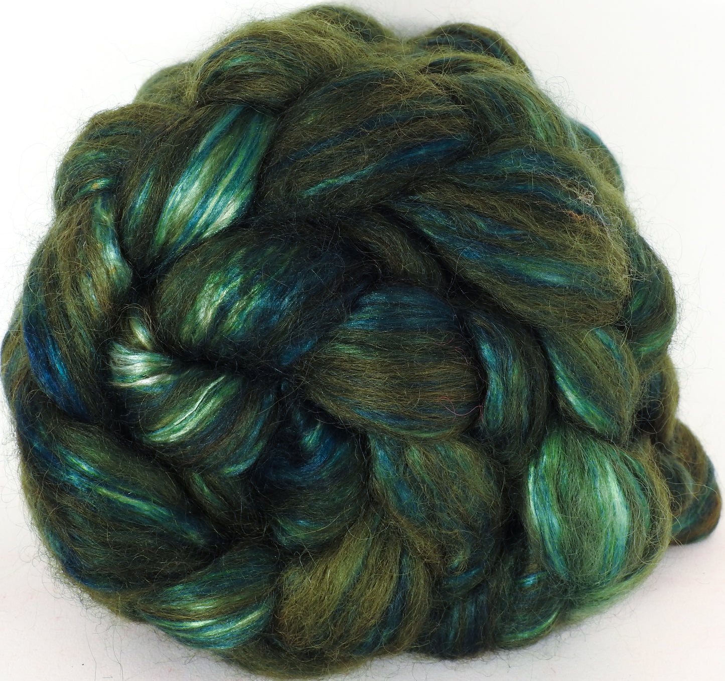 Hand-dyed Wensleydale/ Mulberry silk roving (65/35) - Zucchini - (5.5 oz.) - Inglenook Fibers