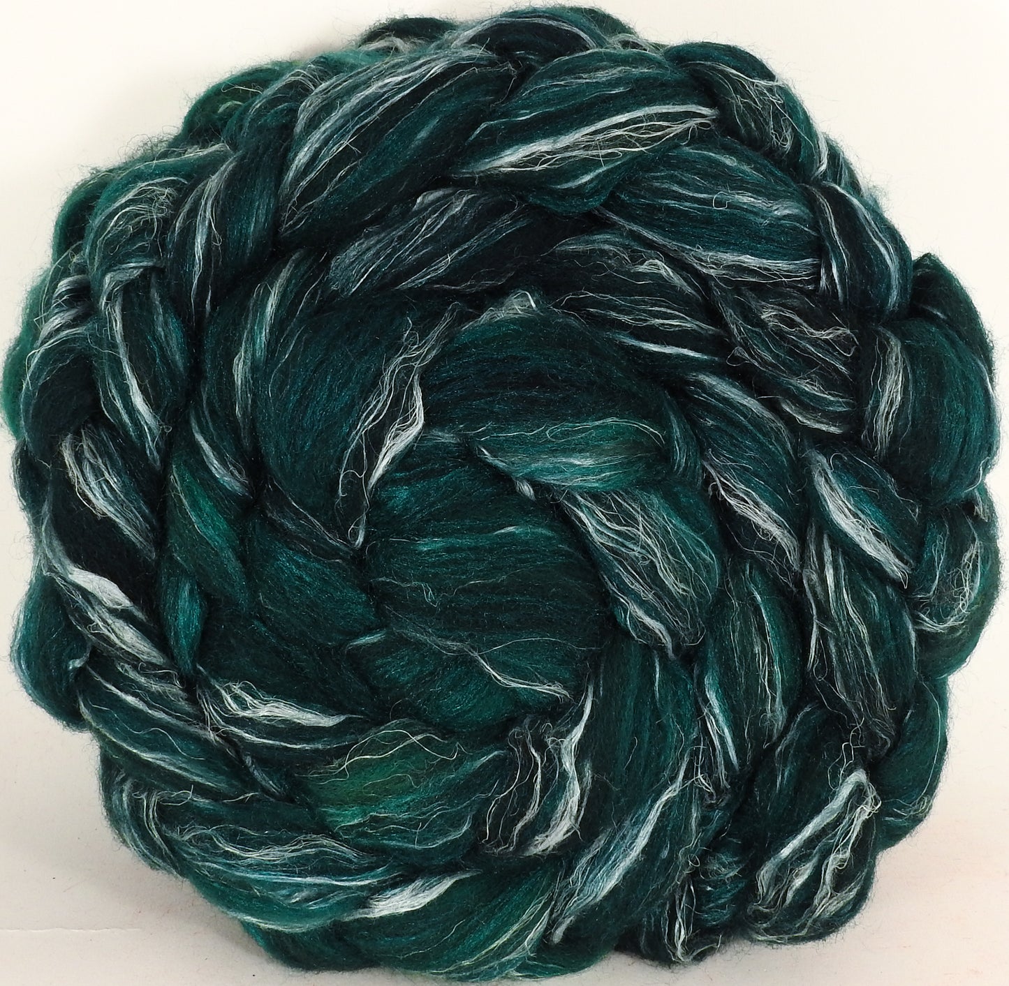 Batt in a Braid #32- Malachite -(5.5 oz) Manx Loaghtan/ Wht Bfl / Tussah Silk/ Flax( 30/30/30/10) - Inglenook Fibers