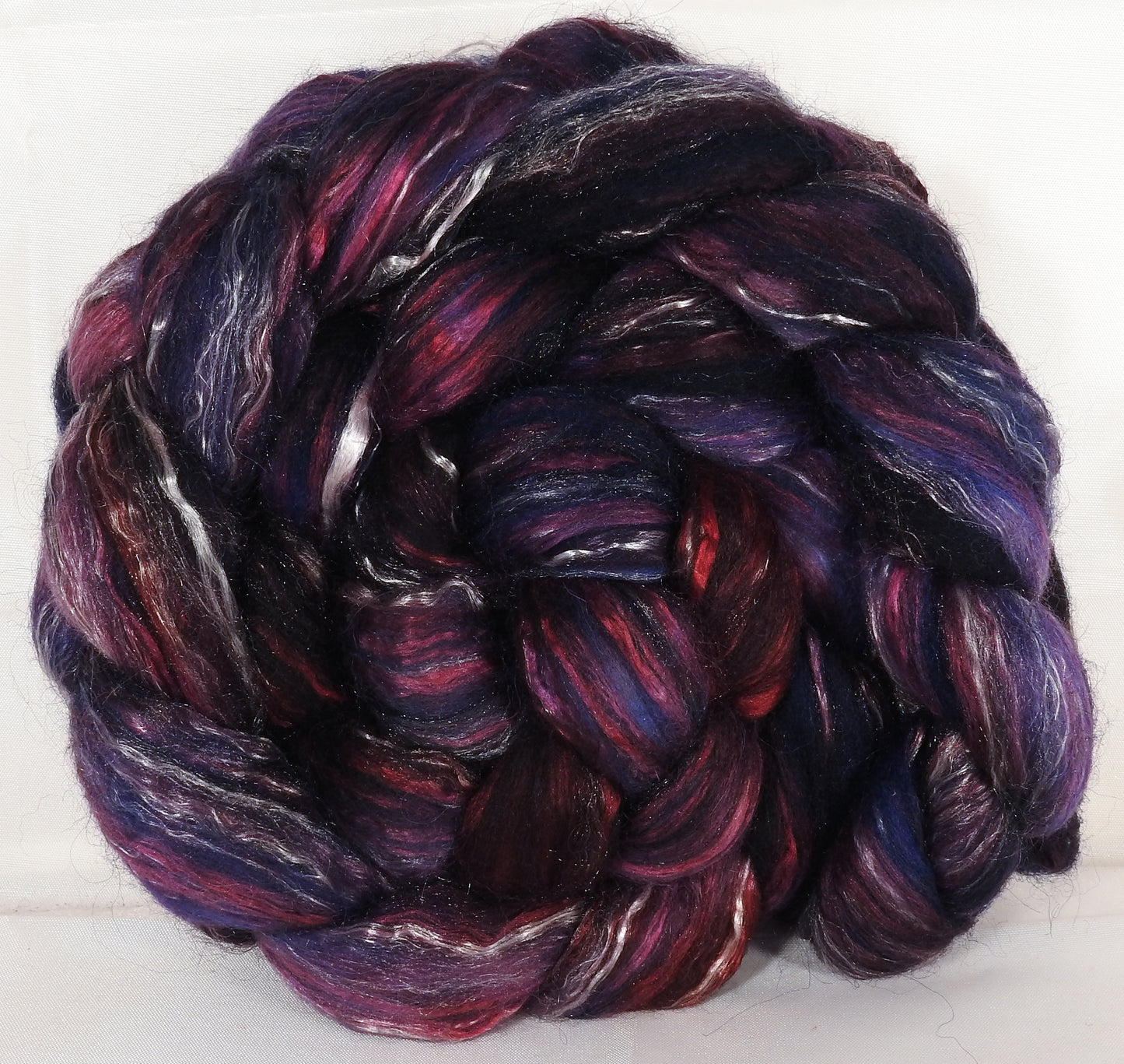 Batt in a Braid #31-Banshee -( 6.2 oz. ) - Polwarth/ Mulberry Silk / Baby Alpaca / Rainbow Firestar/ Tencel( 40/25/15/10/10) - Inglenook Fibers