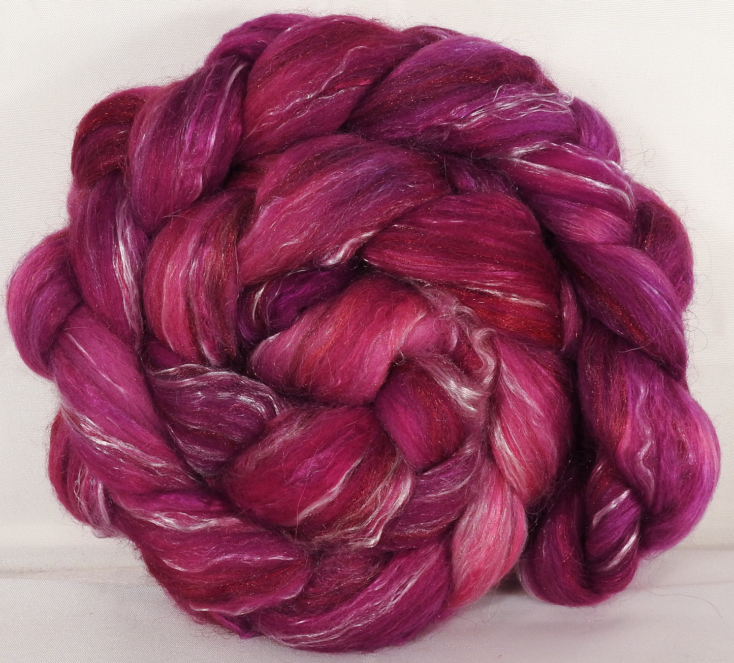Batt in a Braid #31- Redbud-( 5.3 oz. ) - Polwarth/ Mulberry Silk / Baby Alpaca / Rainbow Firestar/ Tencel( 40/25/15/10/10) - Inglenook Fibers