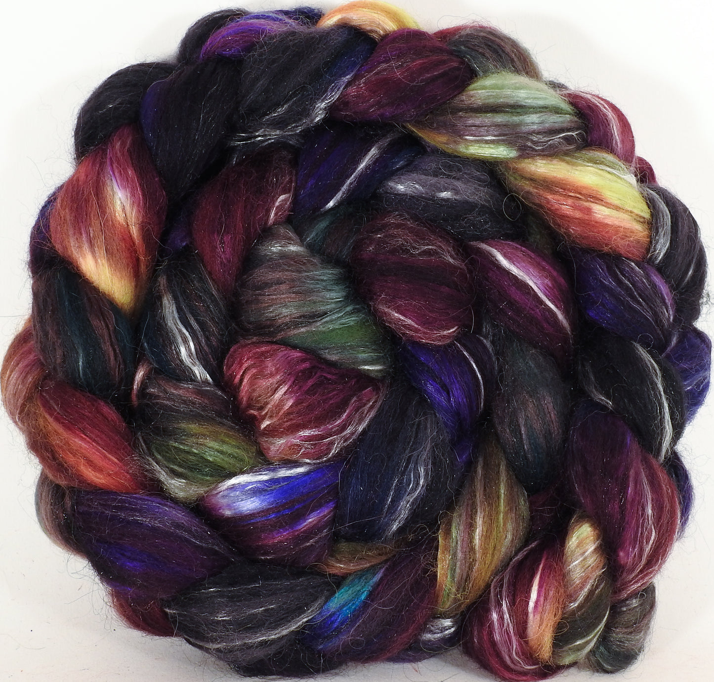 Batt in a Braid #31- Nuummite - (5.4 oz. ) Polwarth/ Mulberry Silk / Baby Alpaca / Rainbow Firestar/ Tencel( 40/25/15/10/10) - Inglenook Fibers