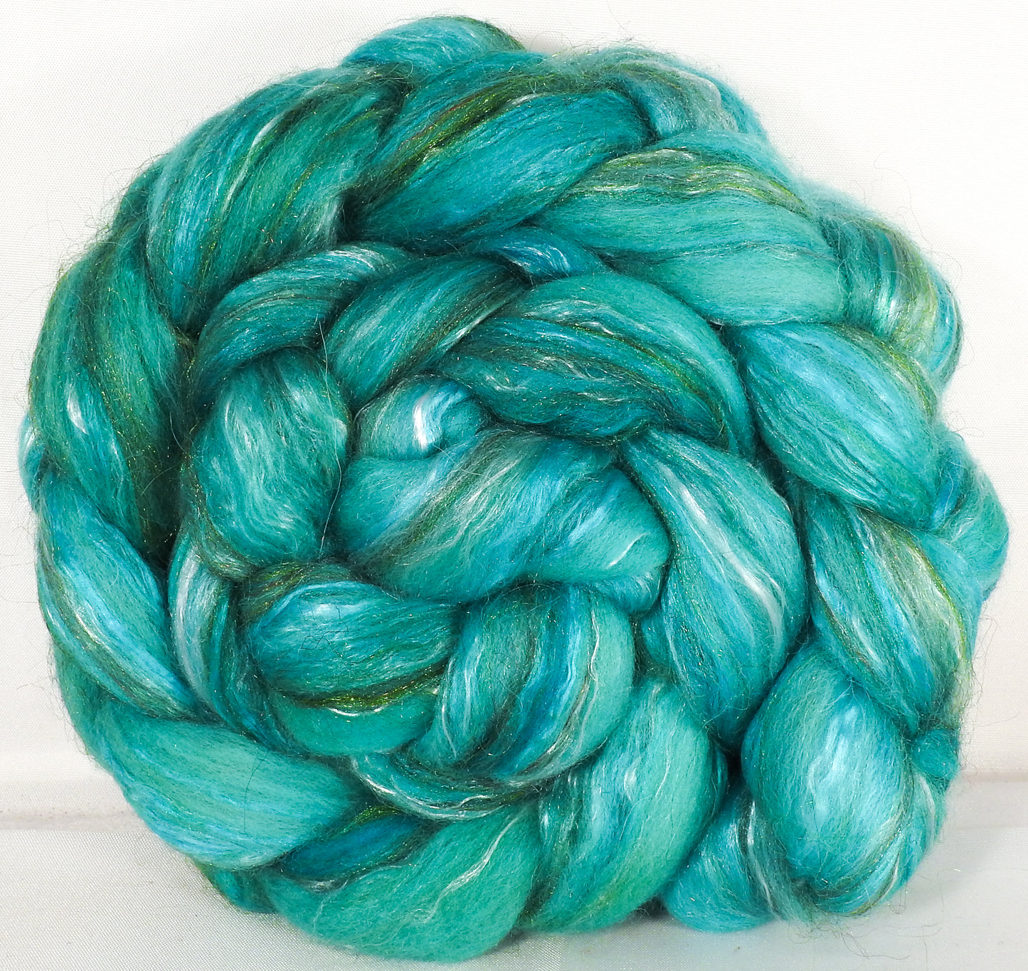 Batt in a Braid #31- Robin's Egg -( 5 oz. ) - Polwarth/ Mulberry Silk / Baby Alpaca / Rainbow Firestar/ Tencel( 40/25/15/10/10) - Inglenook Fibers