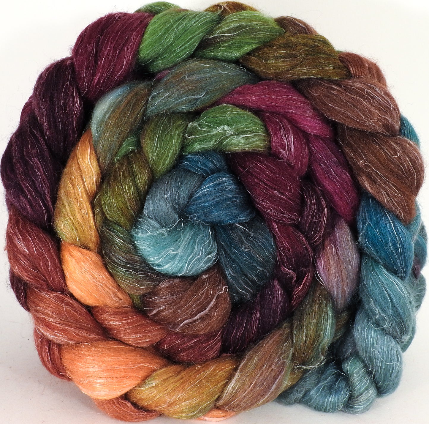 Batt in a Braid #3- Farmer's Market - (5.4 oz) - Polwarth/ Tussah Silk/ Flax (40/40/20) - Inglenook Fibers