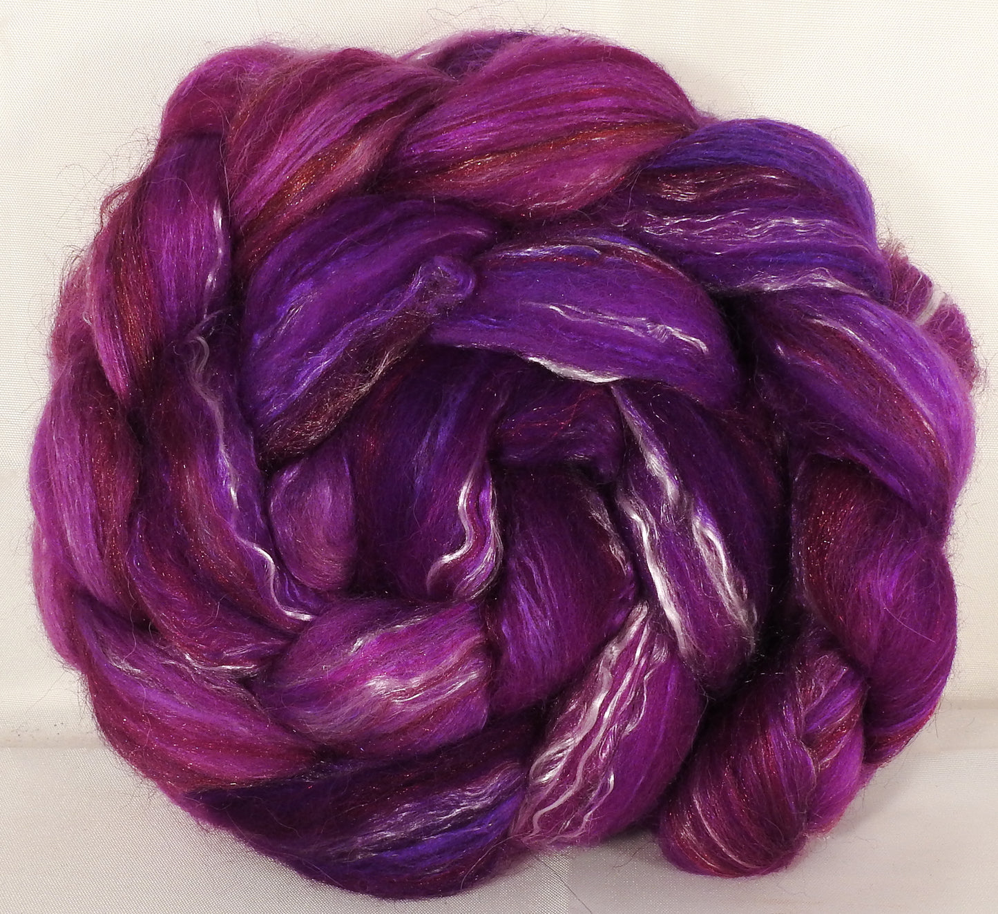 Batt in a Braid #31- Fuchsia -( 5.3 oz. ) - Polwarth/ Mulberry Silk / Baby Alpaca / Rainbow Firestar/ Tencel( 40/25/15/10/10) - Inglenook Fibers