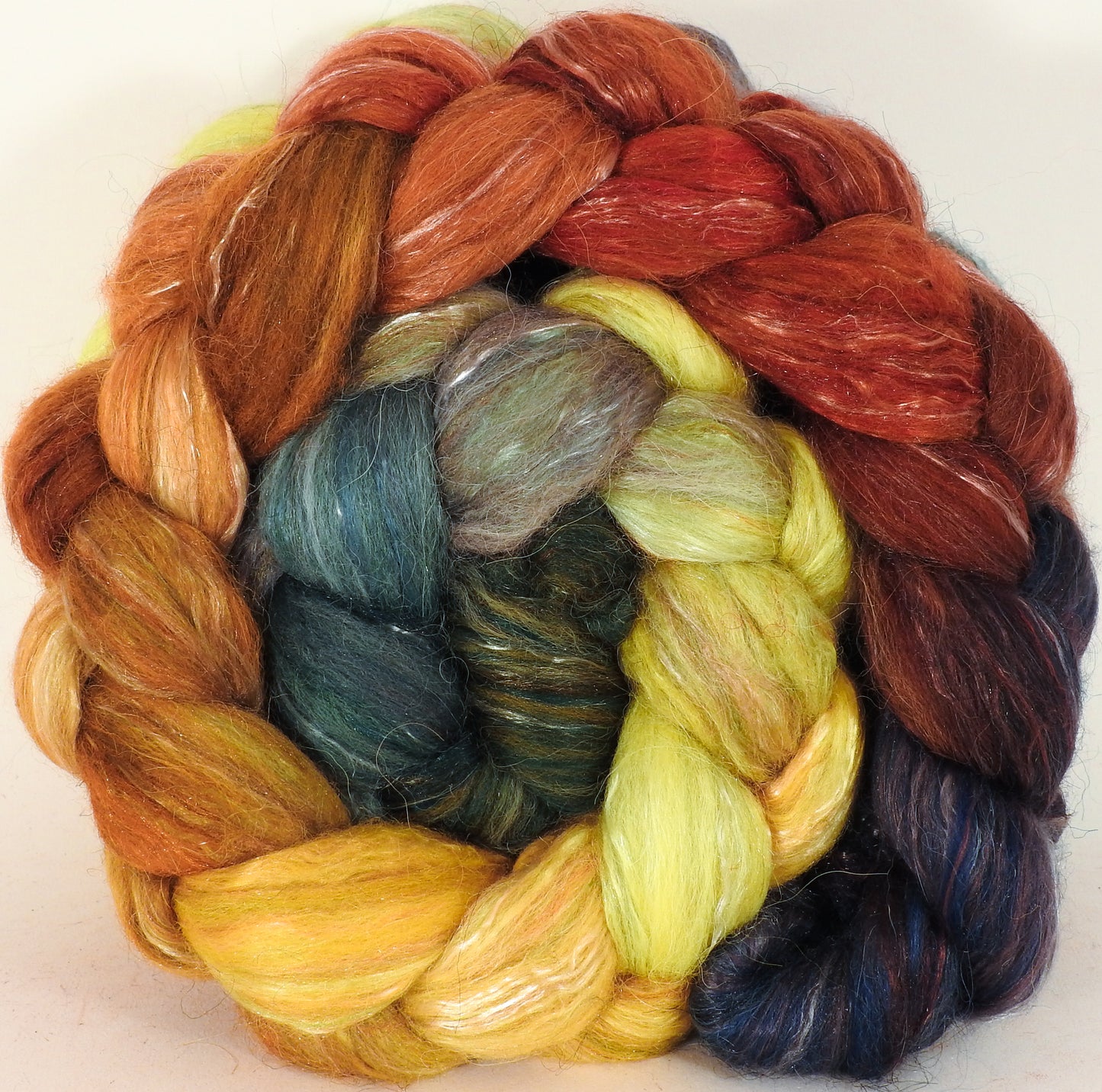 Batt in a Braid #31- Gourds -( 6.2 oz. ) - Polwarth/ Mulberry Silk / Baby Alpaca / Rainbow Firestar/ Tencel( 40/25/15/10/10) - Inglenook Fibers