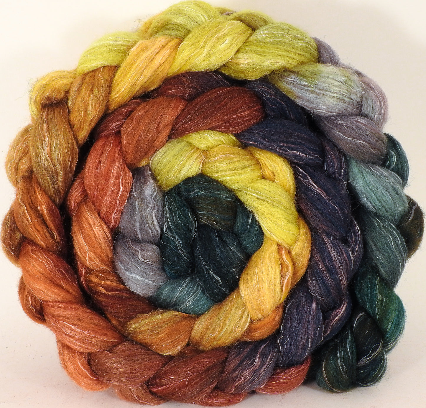 Batt in a Braid #38-Gourds (5.4 oz.) Shetland/ Falkland Merino / tussah silk/ flax (40/25/25/10) - Inglenook Fibers