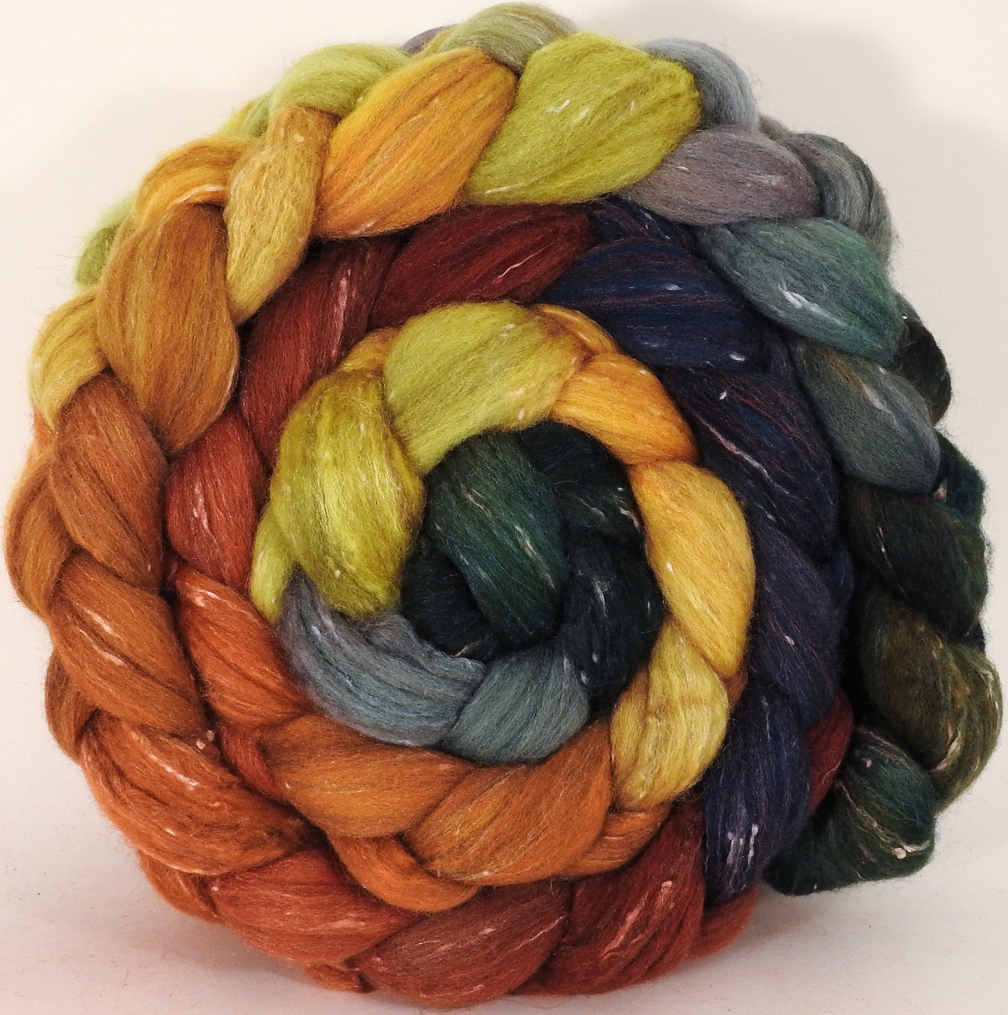 Batt in a Braid #42- Gourds -(5.4 oz) Polwarth/ Tweed Blend / Peduncle&Tussah Silk( 50/25/25) - Inglenook Fibers
