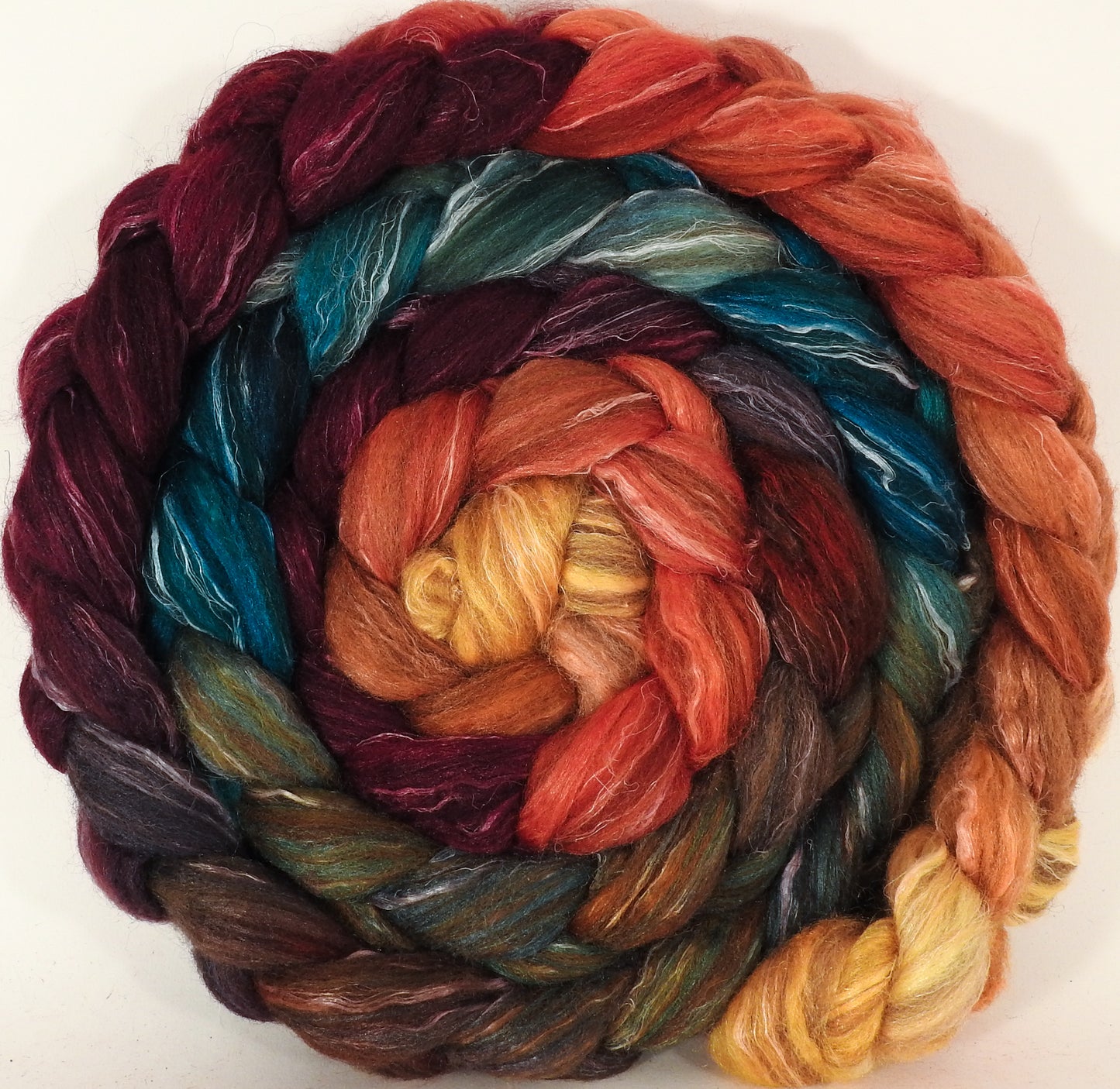 Batt in a Braid #32- Smaug -(6.3 oz) Manx Loaghtan/ Wht Bfl / Tussah Silk/ Flax( 30/30/30/10) - Inglenook Fibers