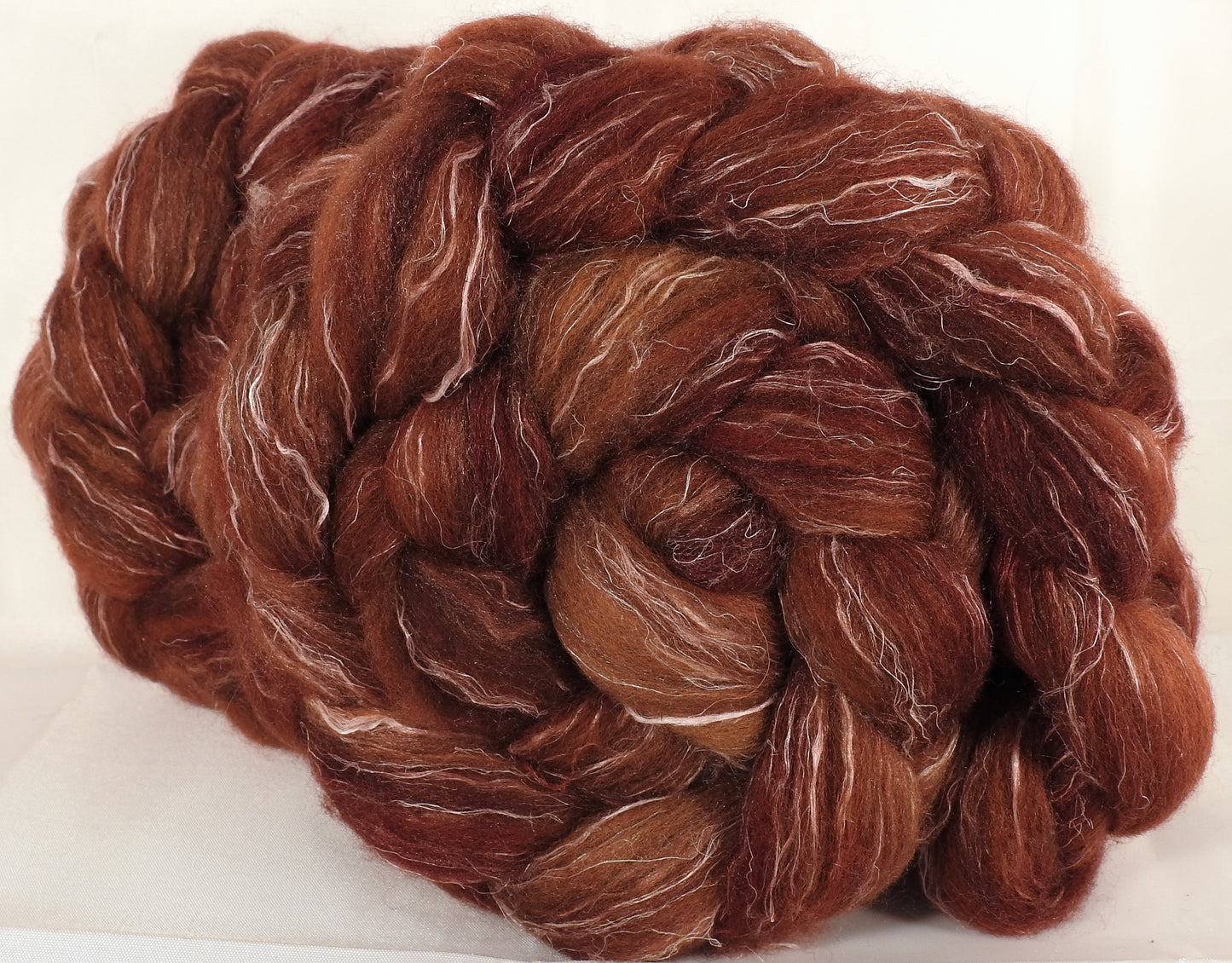 Batt in a Braid #32-Auburn-(5.2 oz) Manx Loaghtan/ Wht Bfl / Tussah Silk/ Flax( 30/30/30/10) - Inglenook Fibers