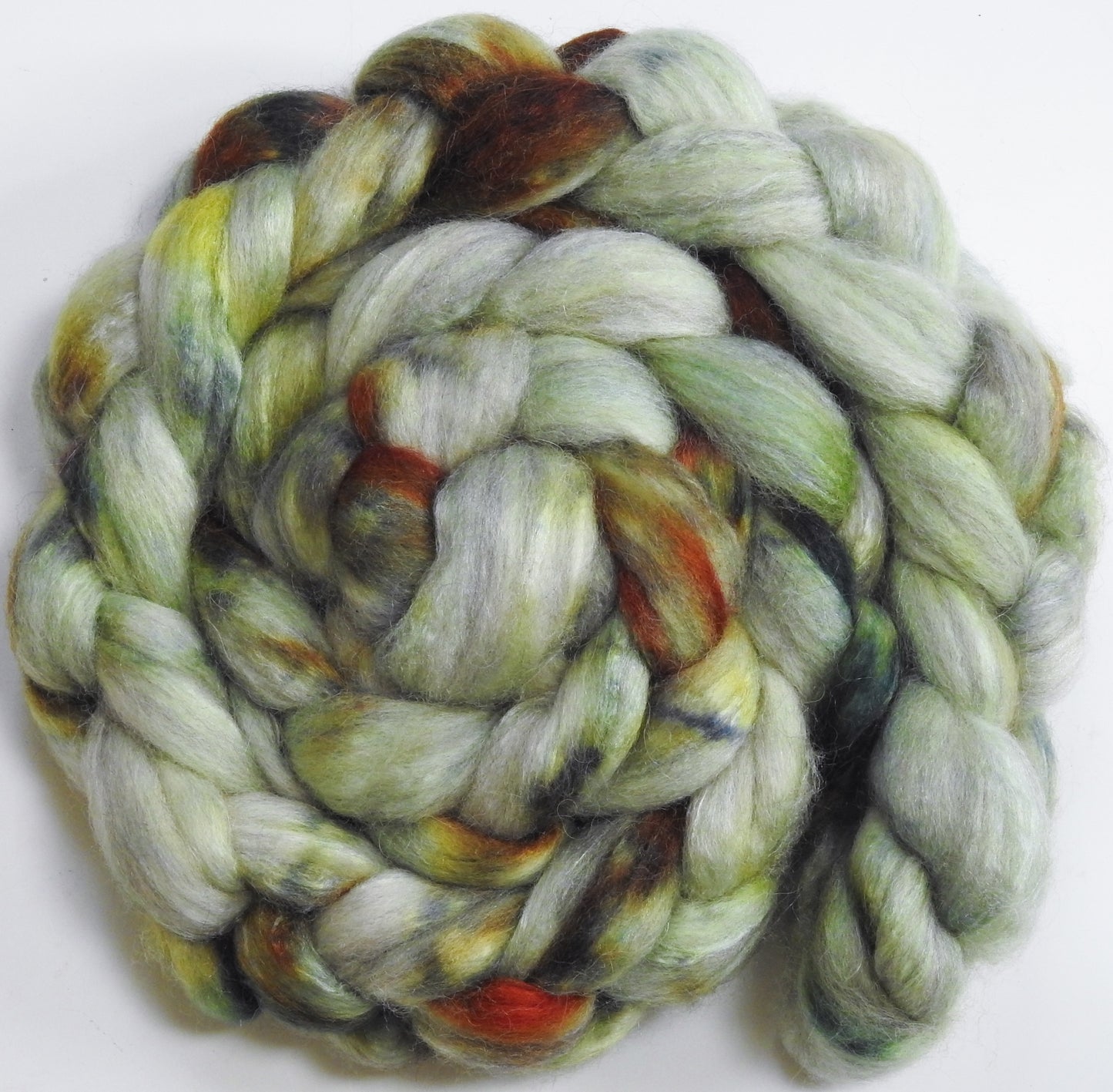 Batt in a Braid #1-Catkin -(5.5 oz.) Falkland/ Grey Baby Alpaca/ Tussah Silk/ Firestar (40/25/25/10)