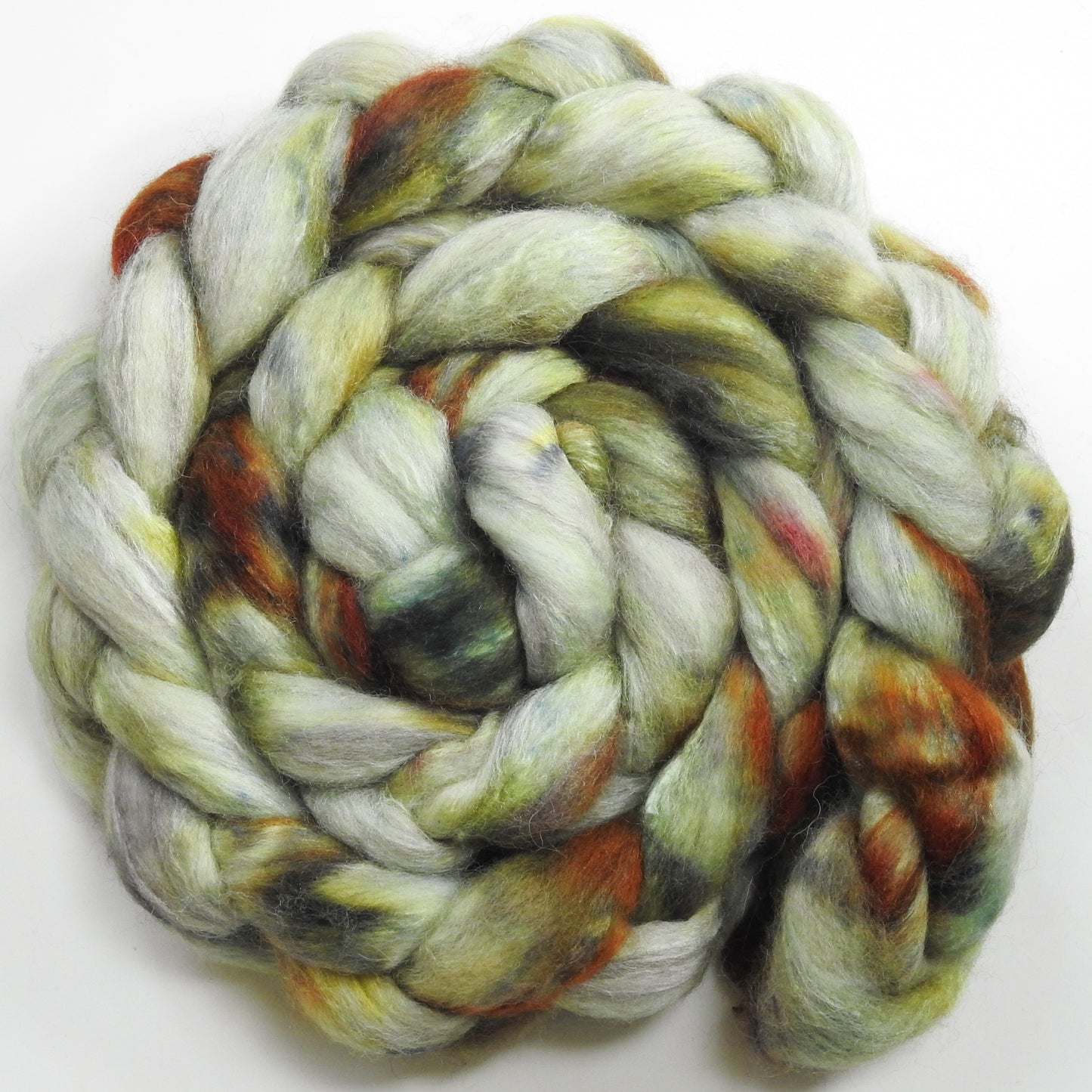 Batt in a Braid #1-Catkin -(5.5 oz.) Falkland/ Grey Baby Alpaca/ Tussah Silk/ Firestar (40/25/25/10)