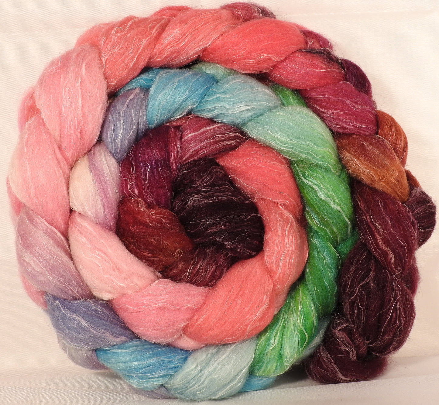 Batt in a Braid #29 - Outback in Bloom (5.2 oz.) Rambouillet / Tussah / Flax (40/40/20) - Inglenook Fibers