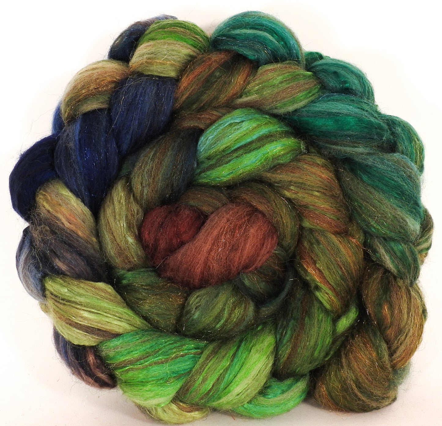 Batt in a Braid #7-Mossy - (5.9 oz.)Polwarth/ Manx / Mulberry silk/ Firestar (30/30/30/10) - Inglenook Fibers