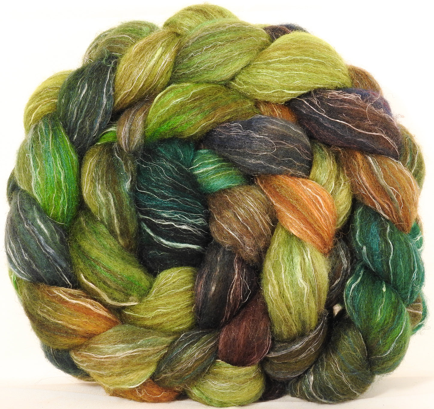 Batt in a Braid #32 - Mossy -(6.1 oz) Manx Loaghtan/ Wht Bfl / Tussah Silk/ Flax( 30/30/30/10) - Inglenook Fibers