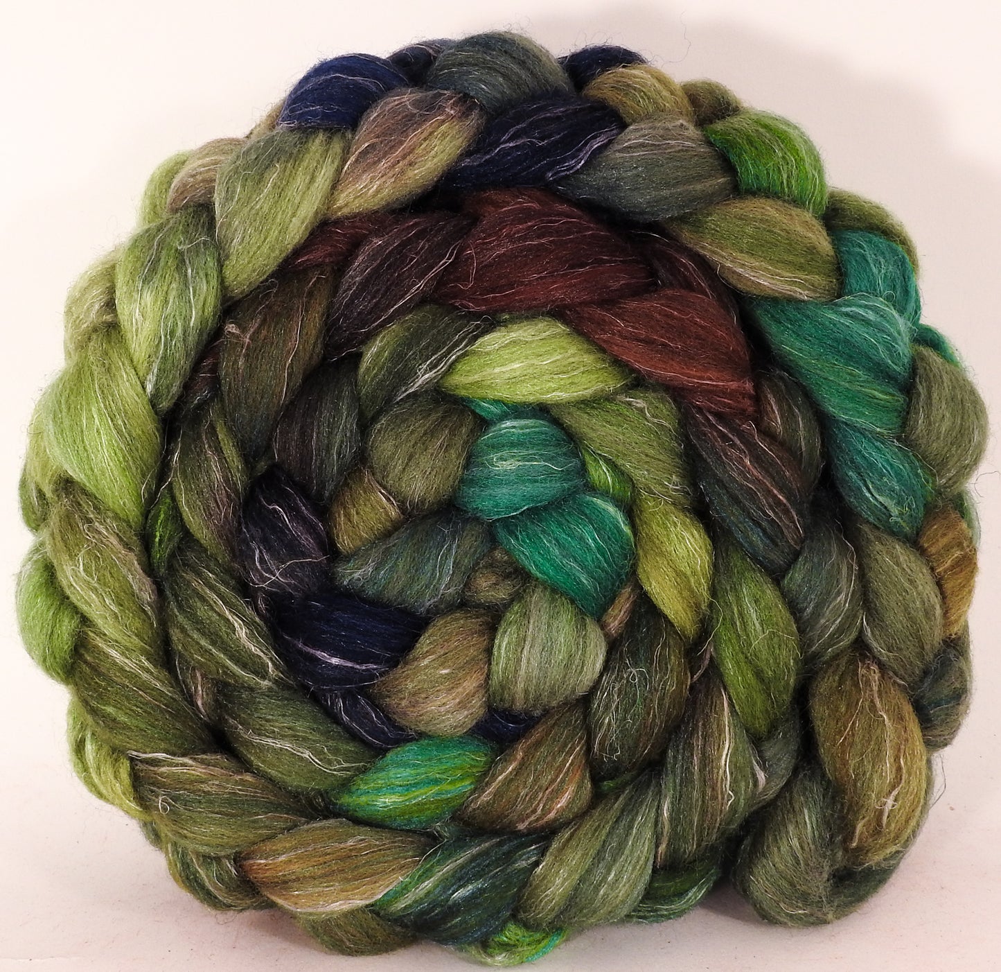 Batt in a Braid #38 -Mossy - (5.3 oz.) Shetland/ Falkland Merino / tussah silk/ flax (40/25/25/10) - Inglenook Fibers