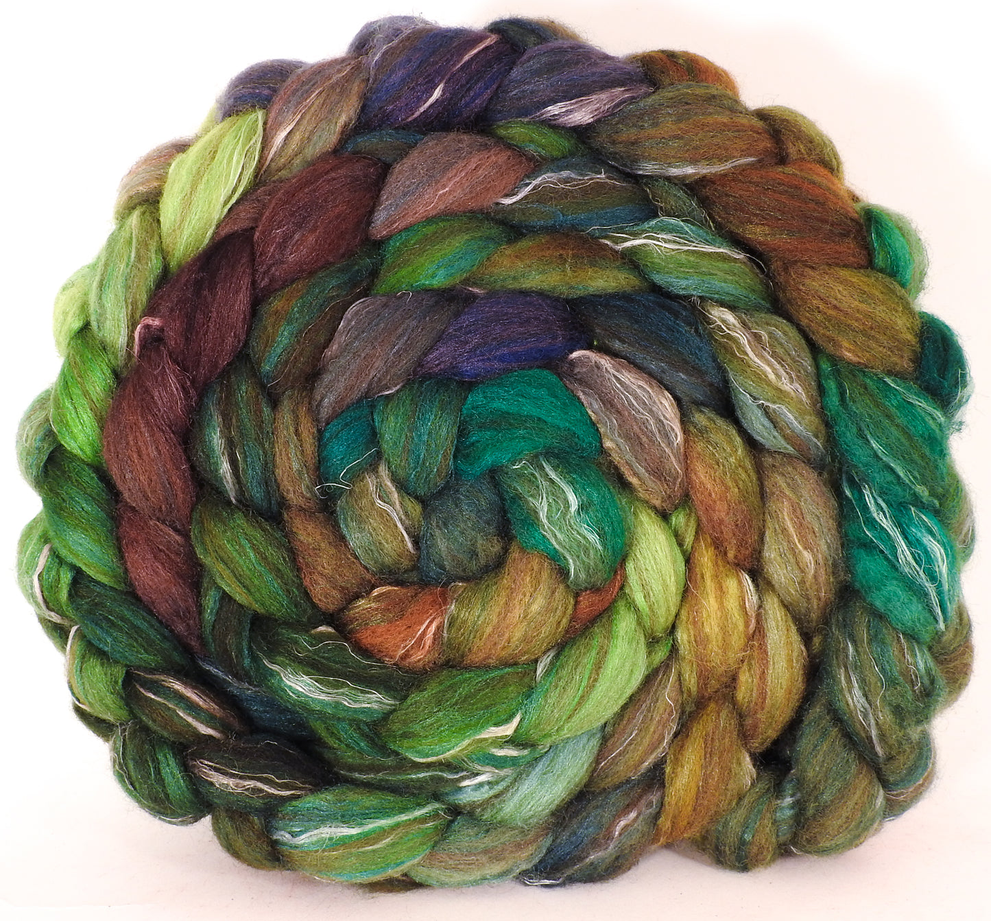 Batt in a Braid #32- Mossy -(6.3 oz) Manx Loaghtan/ Wht Bfl / Tussah Silk/ Flax( 30/30/30/10) - Inglenook Fibers