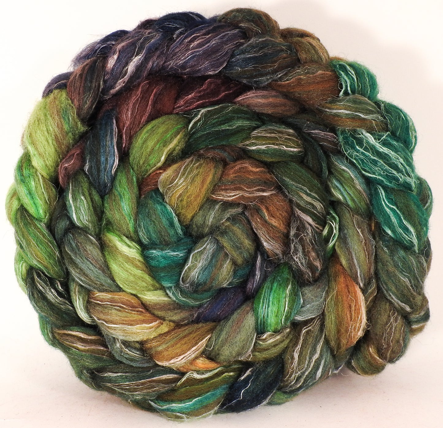 Batt in a Braid #32- Mossy -(6.3 oz) Manx Loaghtan/ Wht Bfl / Tussah Silk/ Flax( 30/30/30/10) - Inglenook Fibers