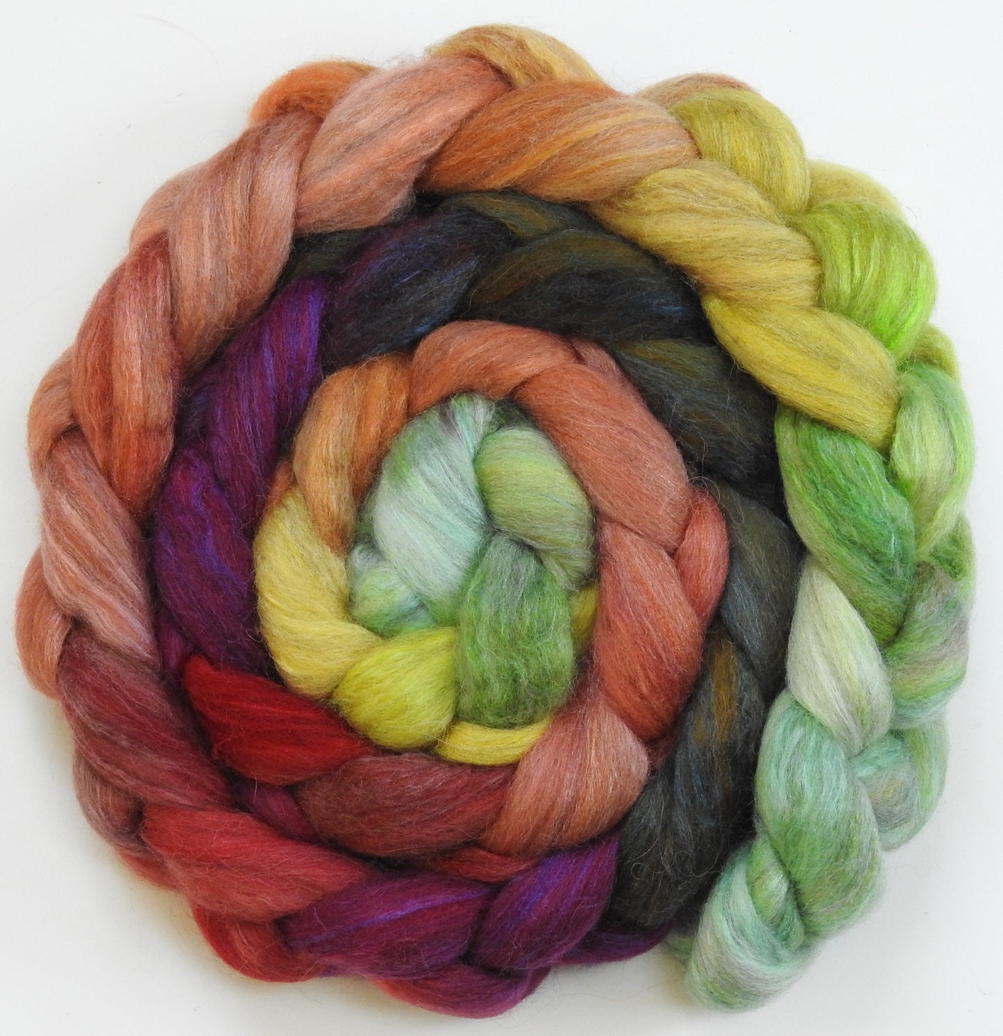 Icelandic Poppies -(5 oz.) Batt in a Braid #1- Falkland/ Grey Baby Alpaca/ Tussah Silk/ Firestar (40/25/25/10)